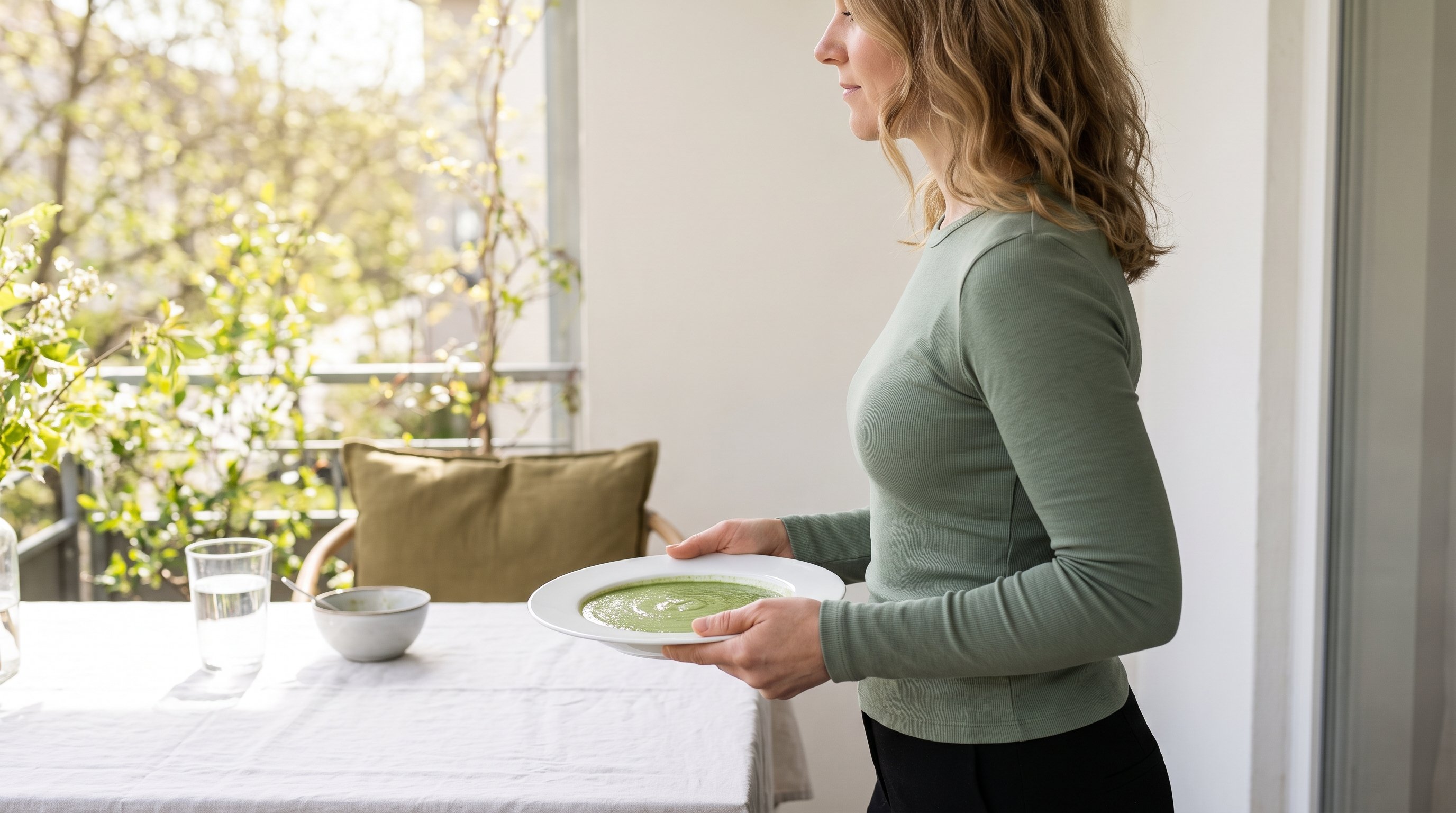 A colourful vegetarian bowl on an outdoor terrace table beside a glass of water