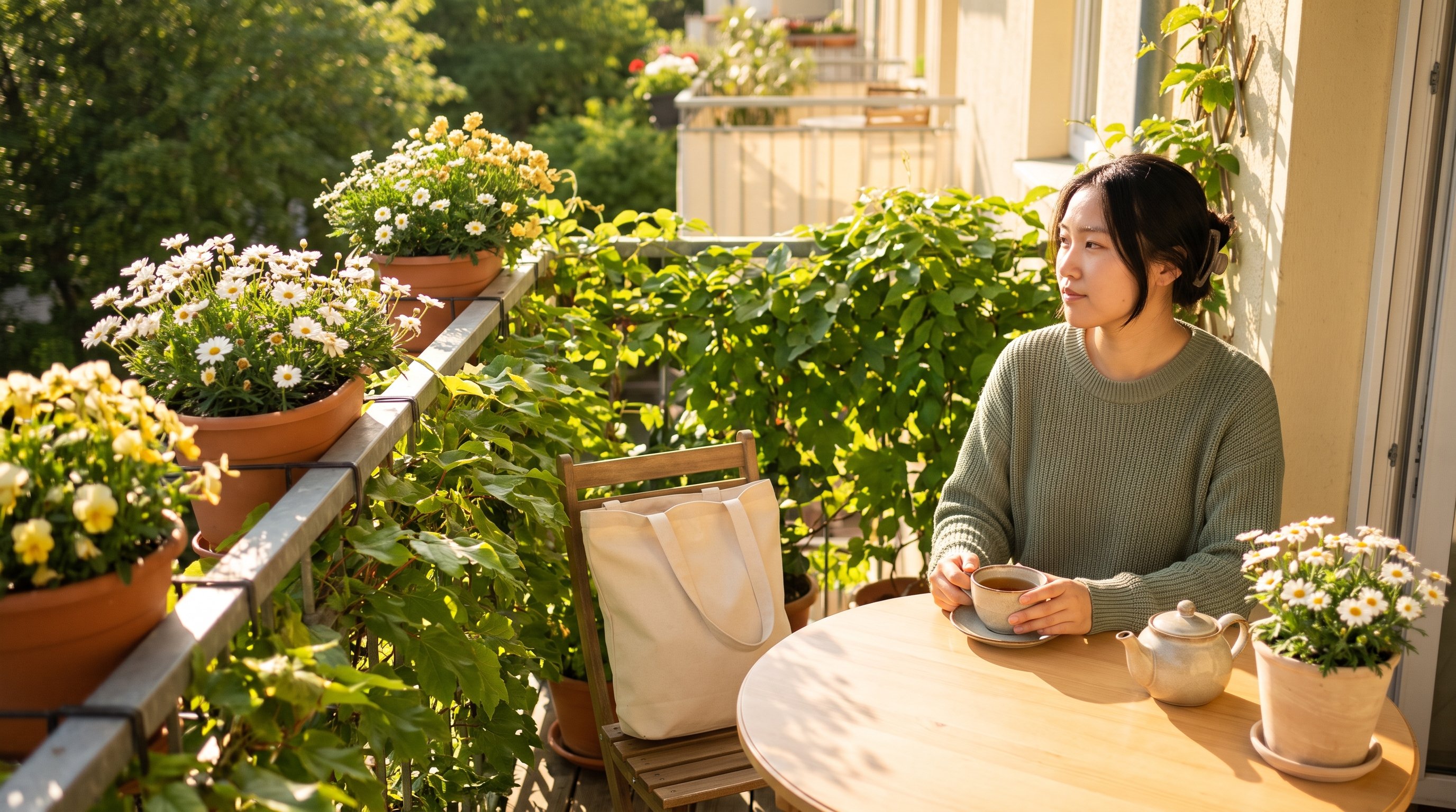 A woman in her late 20s sitting calmly at an outdoor terrace table with a cup of tea