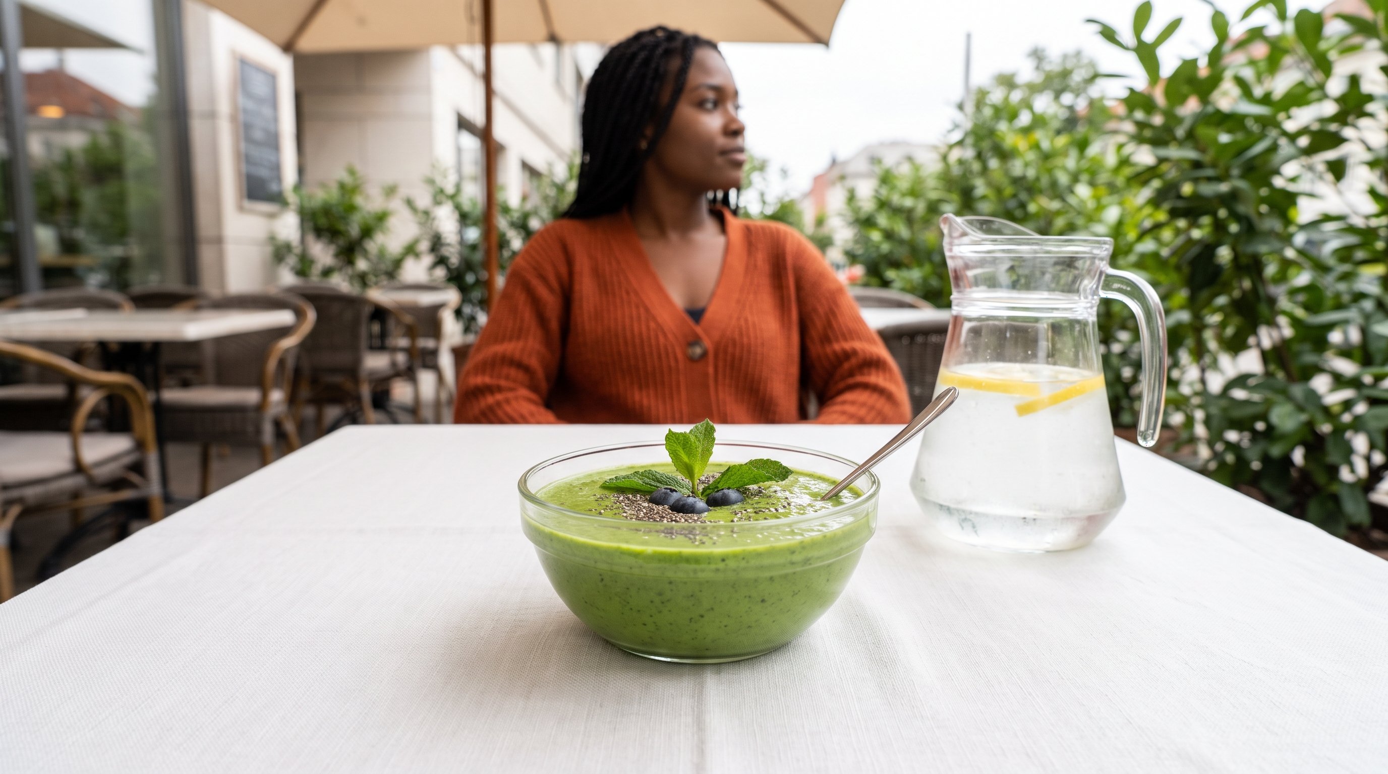 A green smoothie ready to eat on an outdoor terrace table