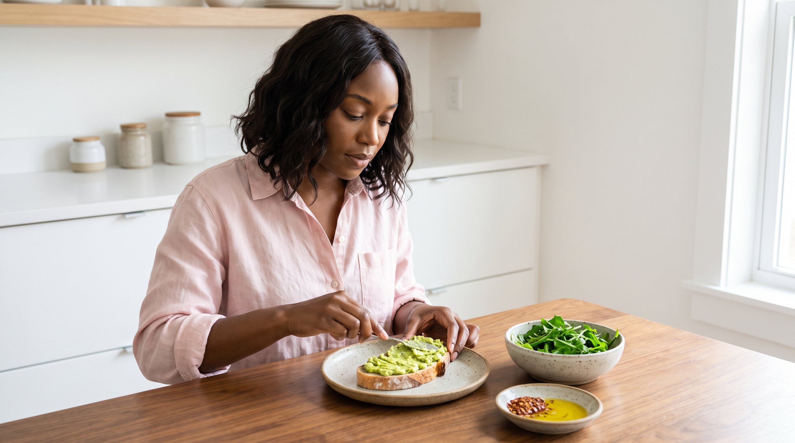 A woman in her late 20s preparing avocado toast with greens in a bright white kitchen