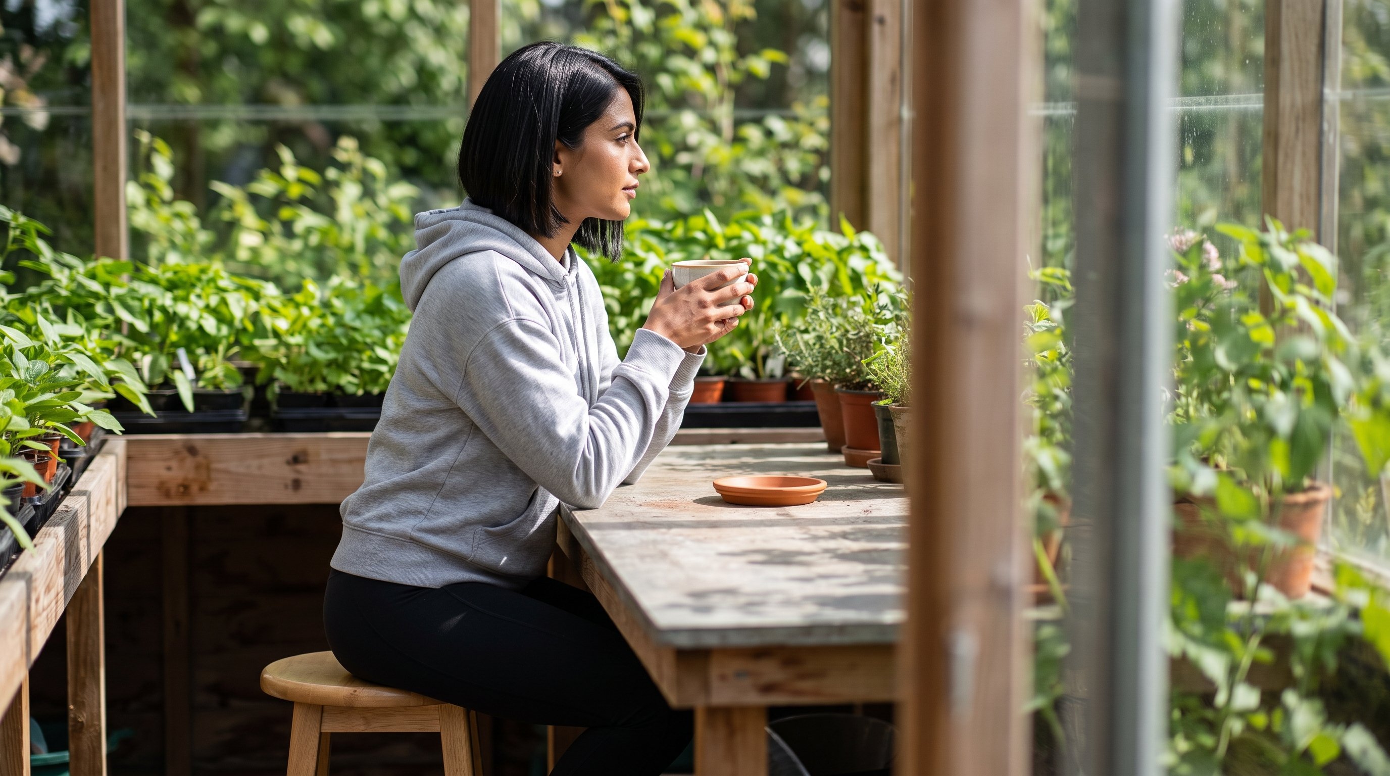 A woman in her late 20s sitting at an outdoor terrace table with a cup of tea A woman in her late 20s sitting at an outdoor terrace table with a cup of tea