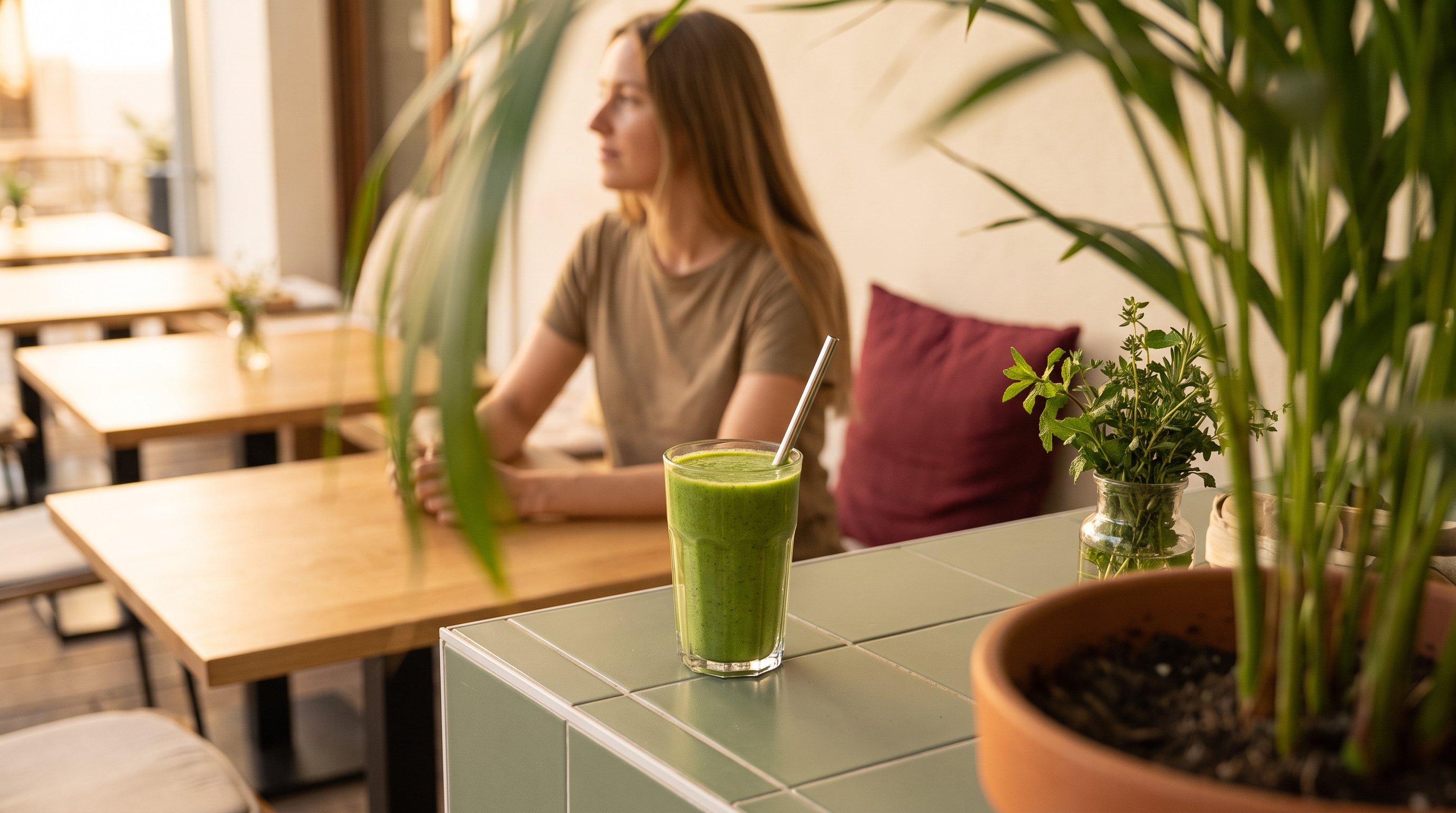 A green smoothie on an outdoor terrace table