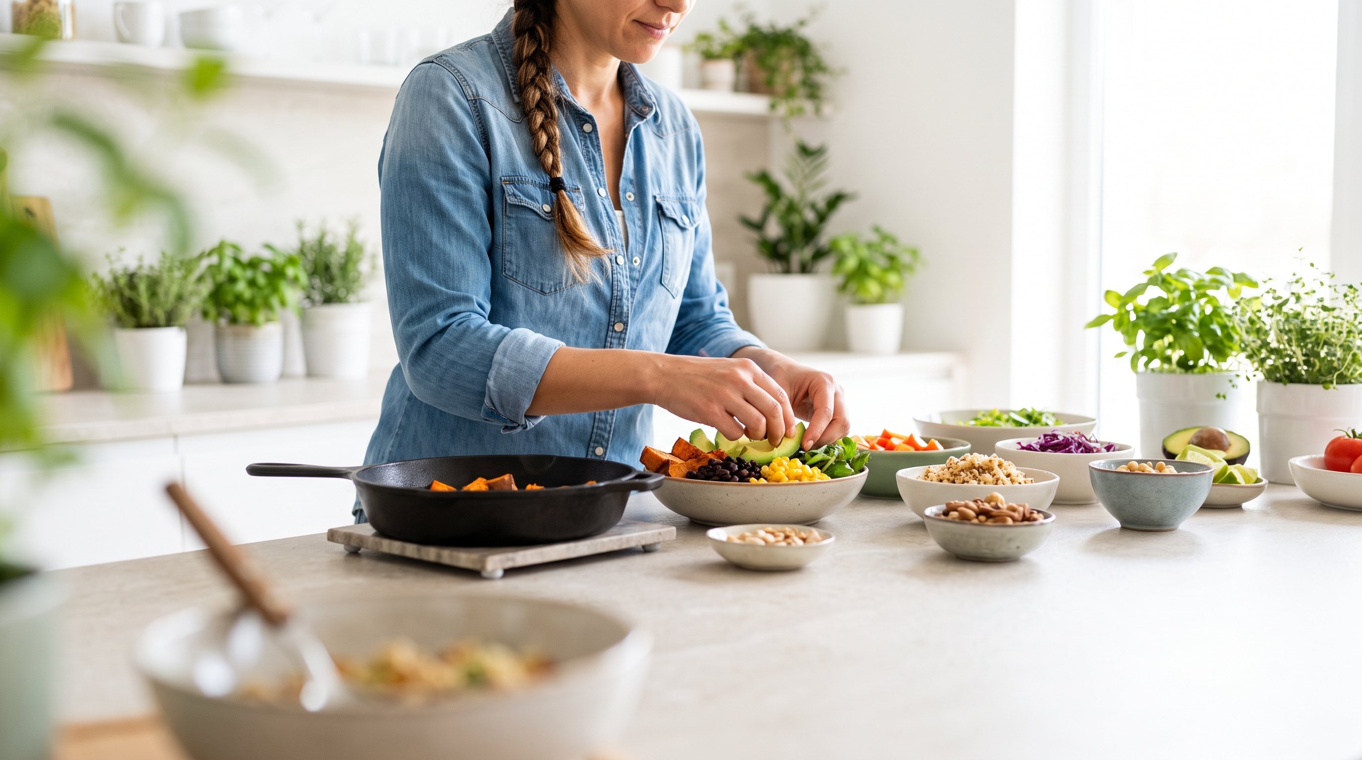 A woman in her late 20s cooking a colourful vegetarian bowl in a bright white kitchen