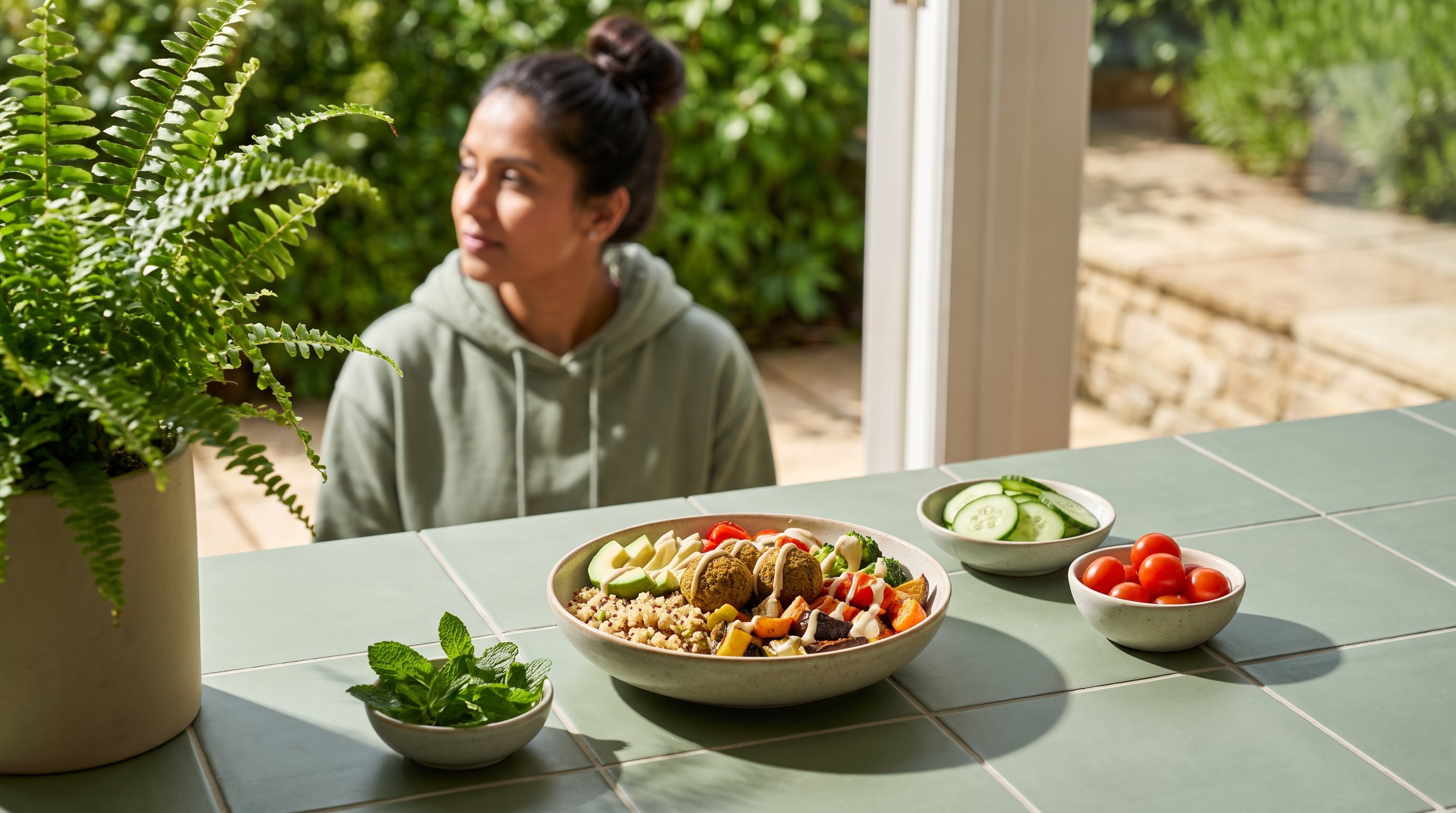 A colourful vegetarian bowl beside fresh ingredients on an outdoor terrace table