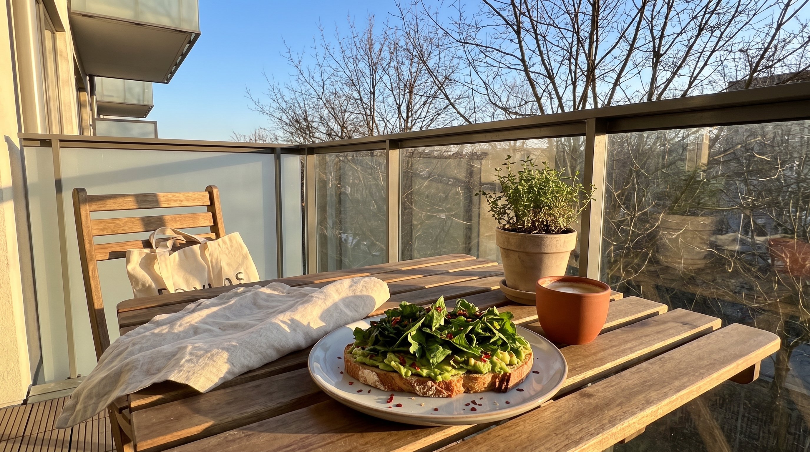 A woman in her late 20s enjoying avocado toast with greens at an outdoor terrace table