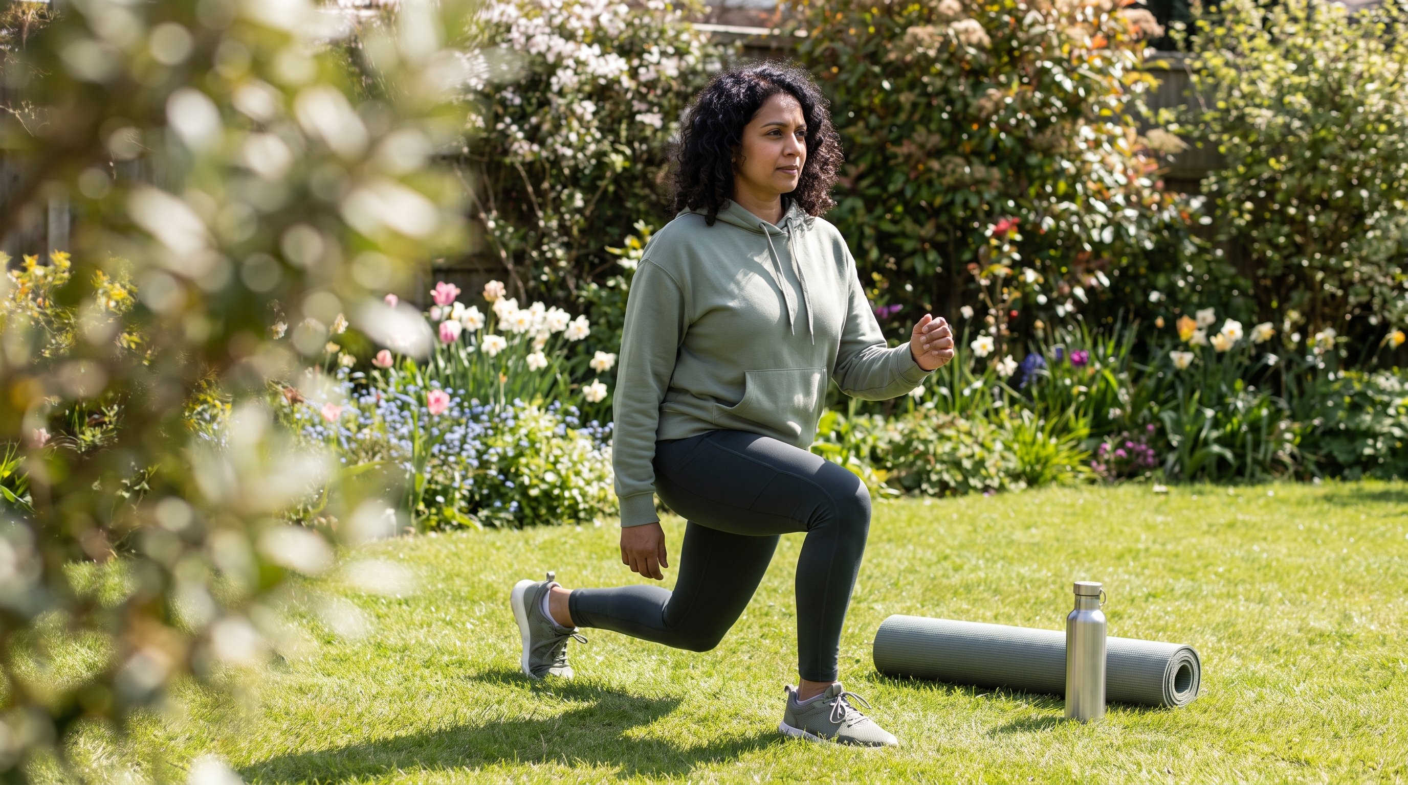 woman doing lunges in a small apartment living room