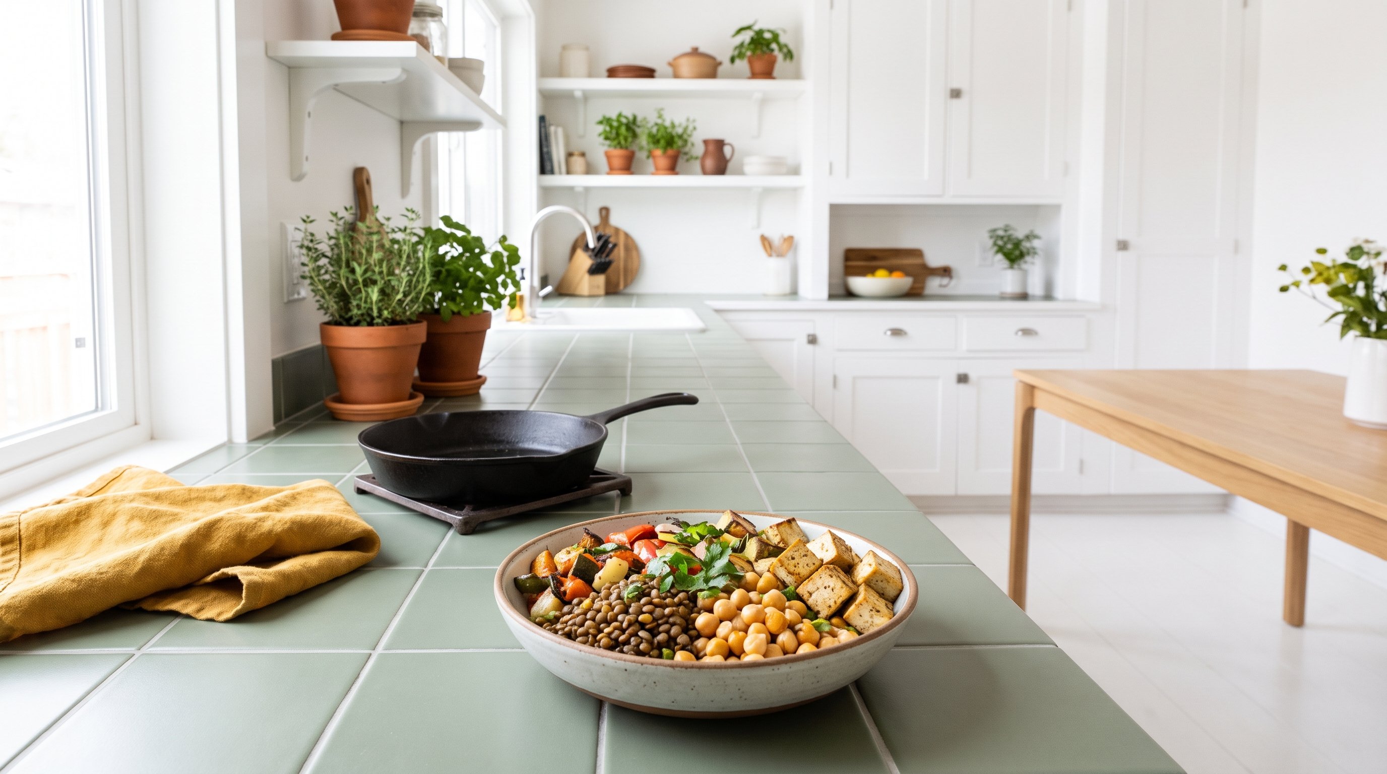 bowl of lentils chickpeas and tofu on a kitchen counter