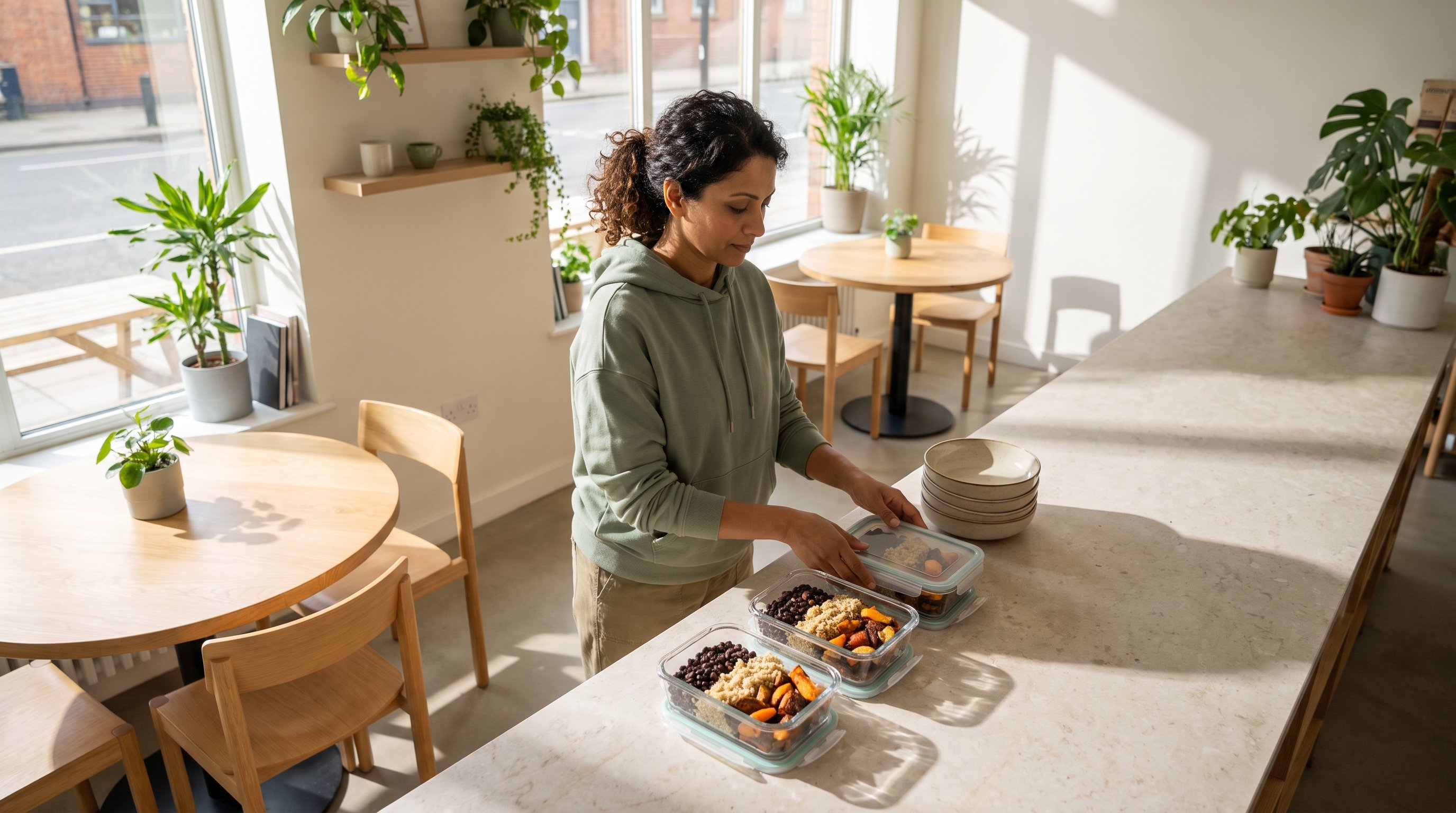 person pouring cooked lentils into a glass meal prep container