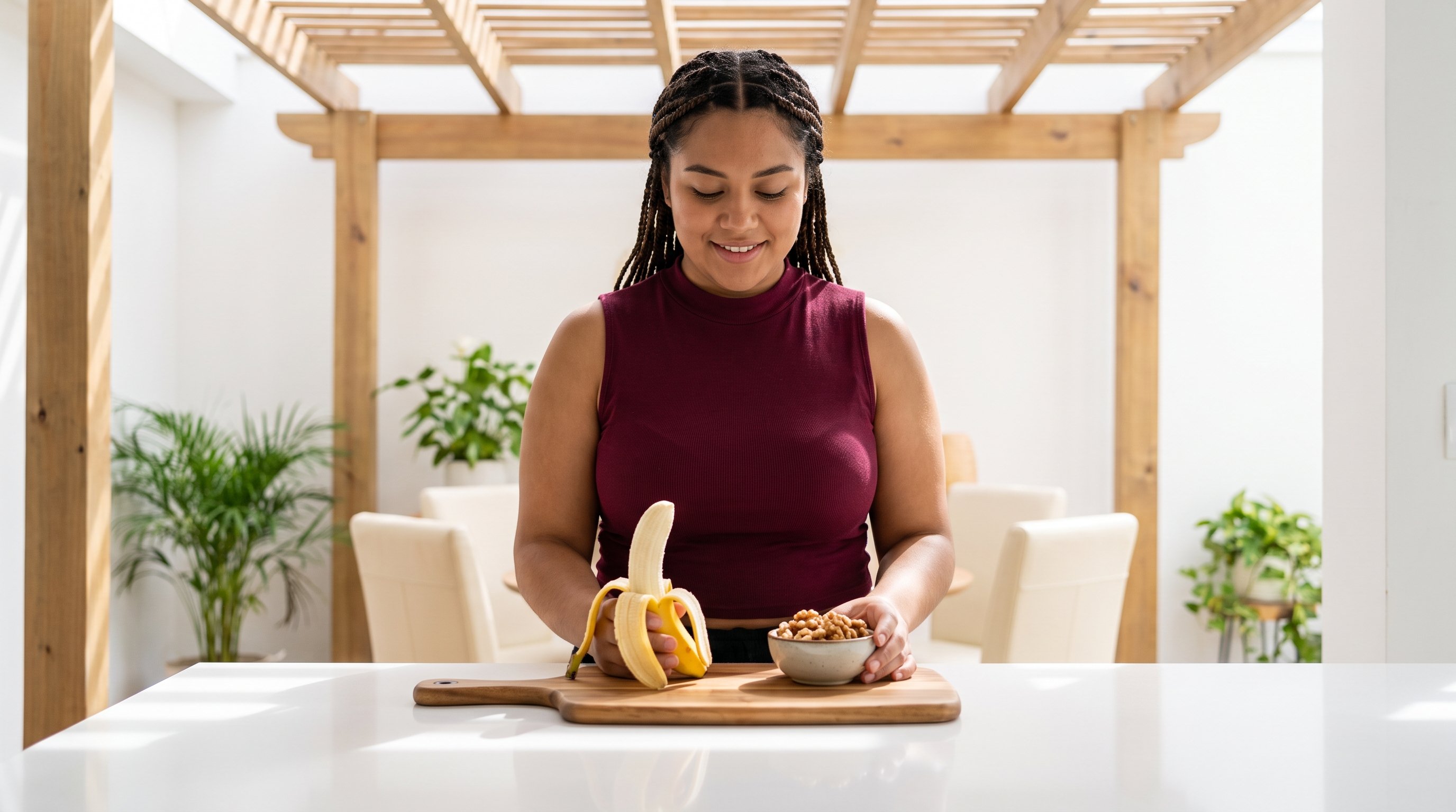 person slicing garlic and onion on a wooden chopping board
