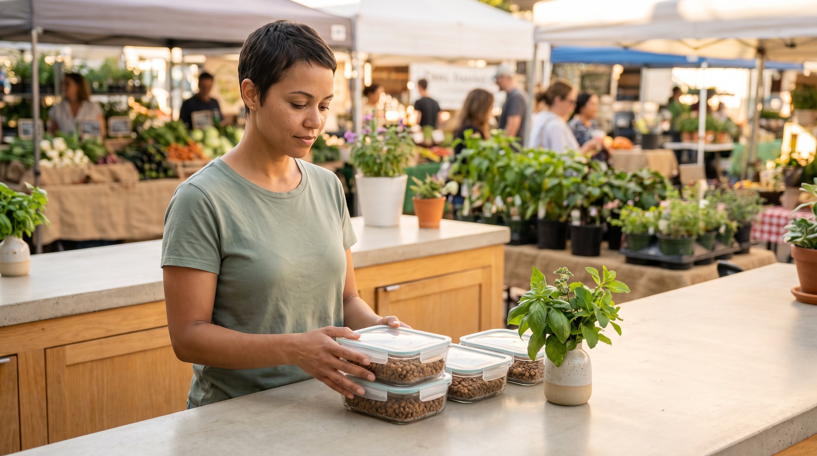 person scooping cooked lentils into a glass meal prep container