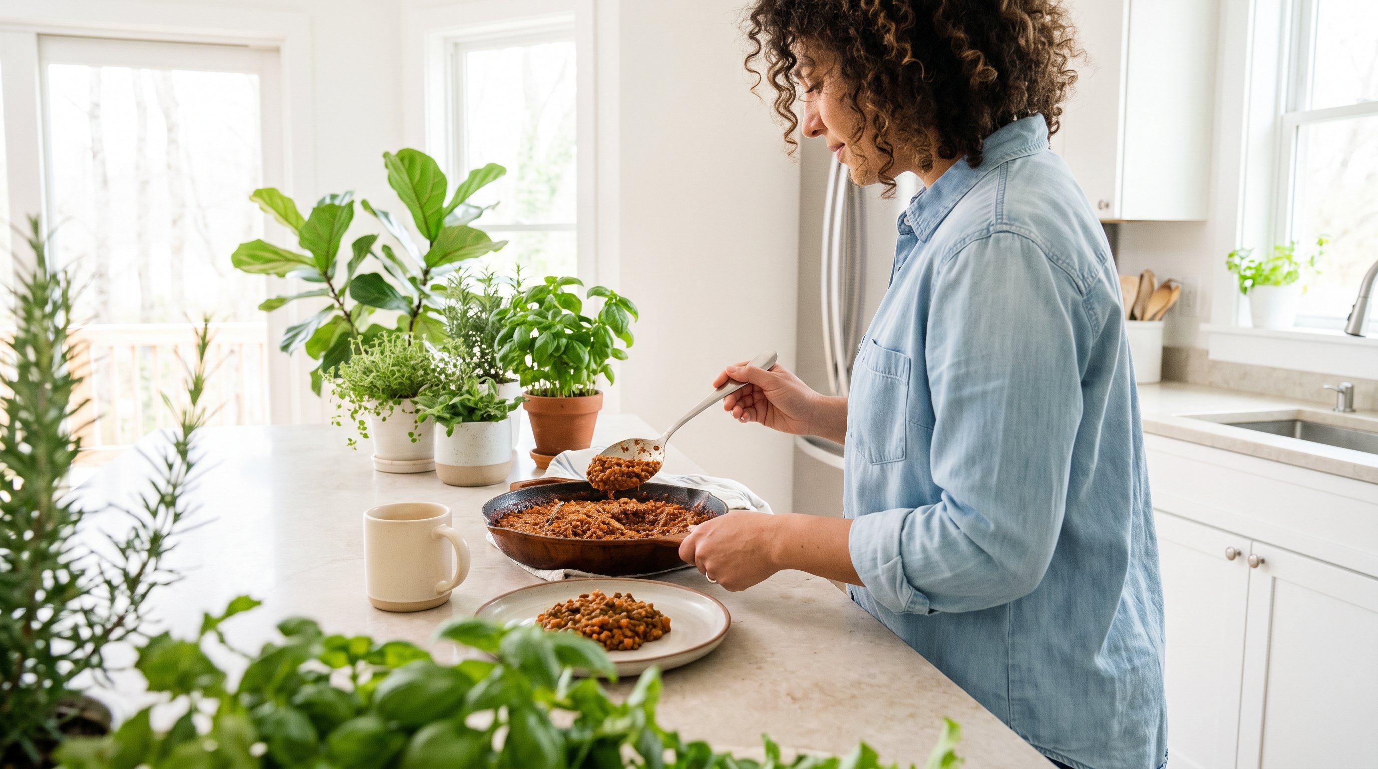 A woman in her late 20s plating a green smoothie in a bright white kitchen A woman in her late 20s plating a green smoothie in a bright white kitchen