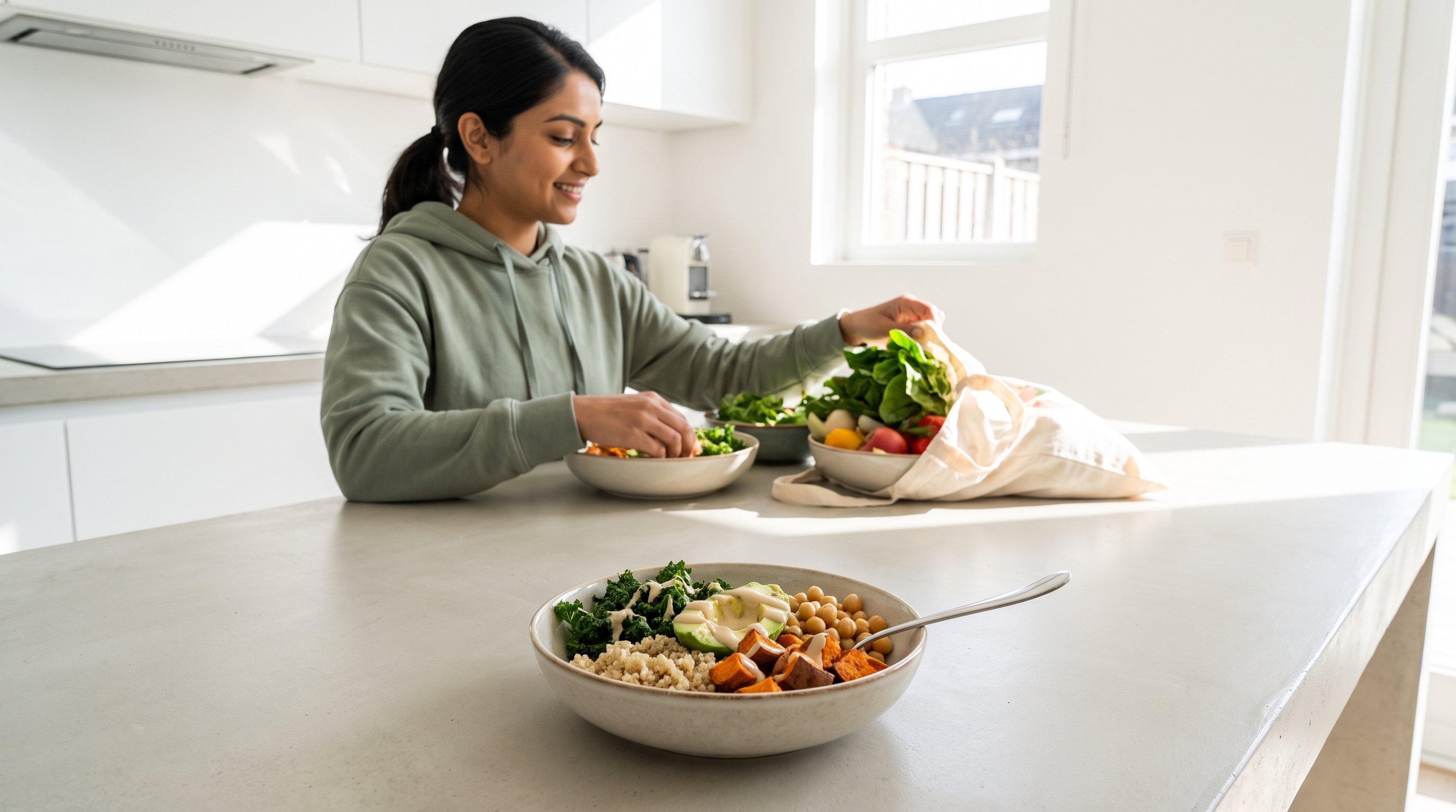 A woman in her late 20s unpacking fresh groceries in a bright white kitchen