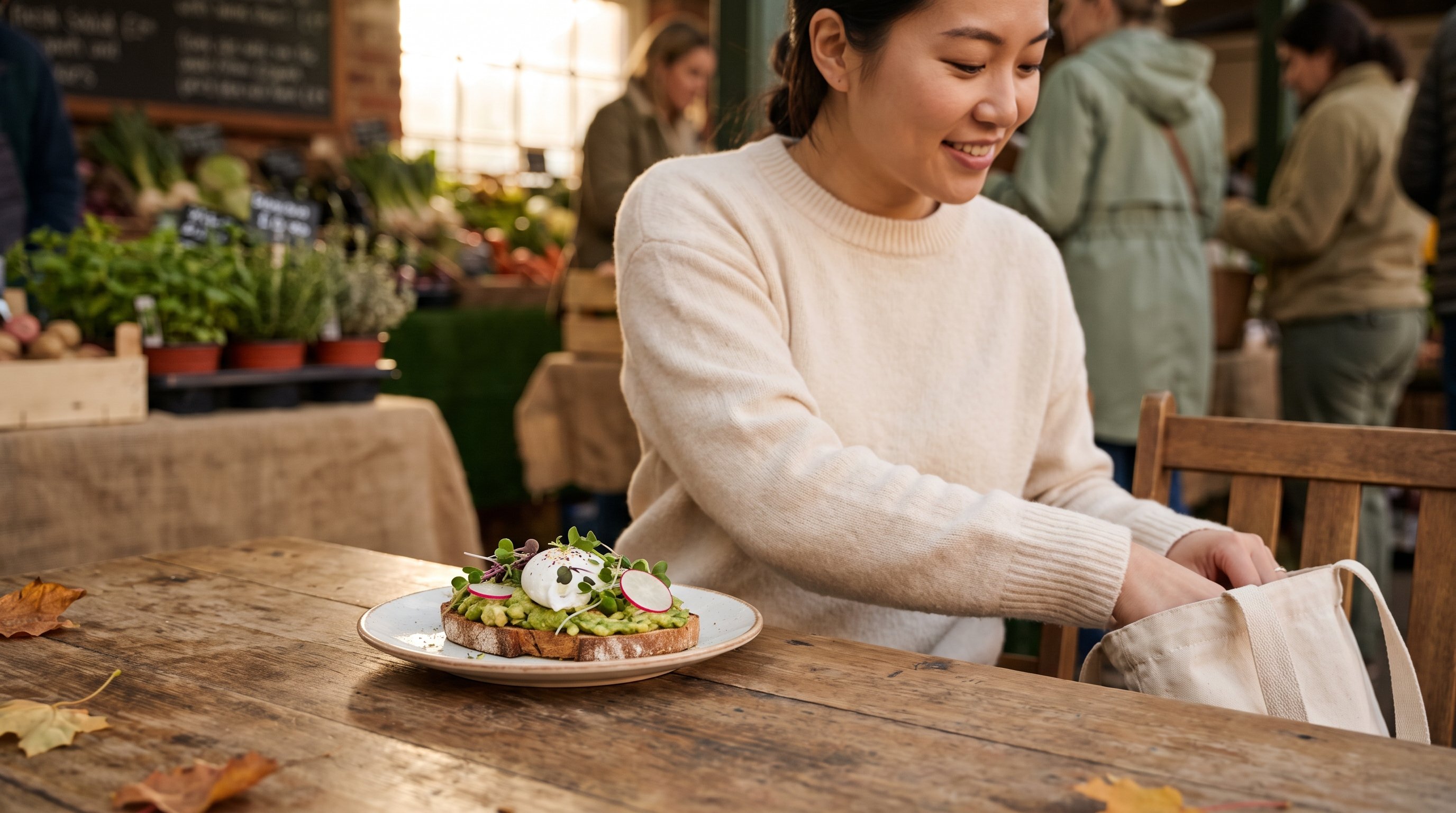 Avocado toast with greens on an outdoor terrace table