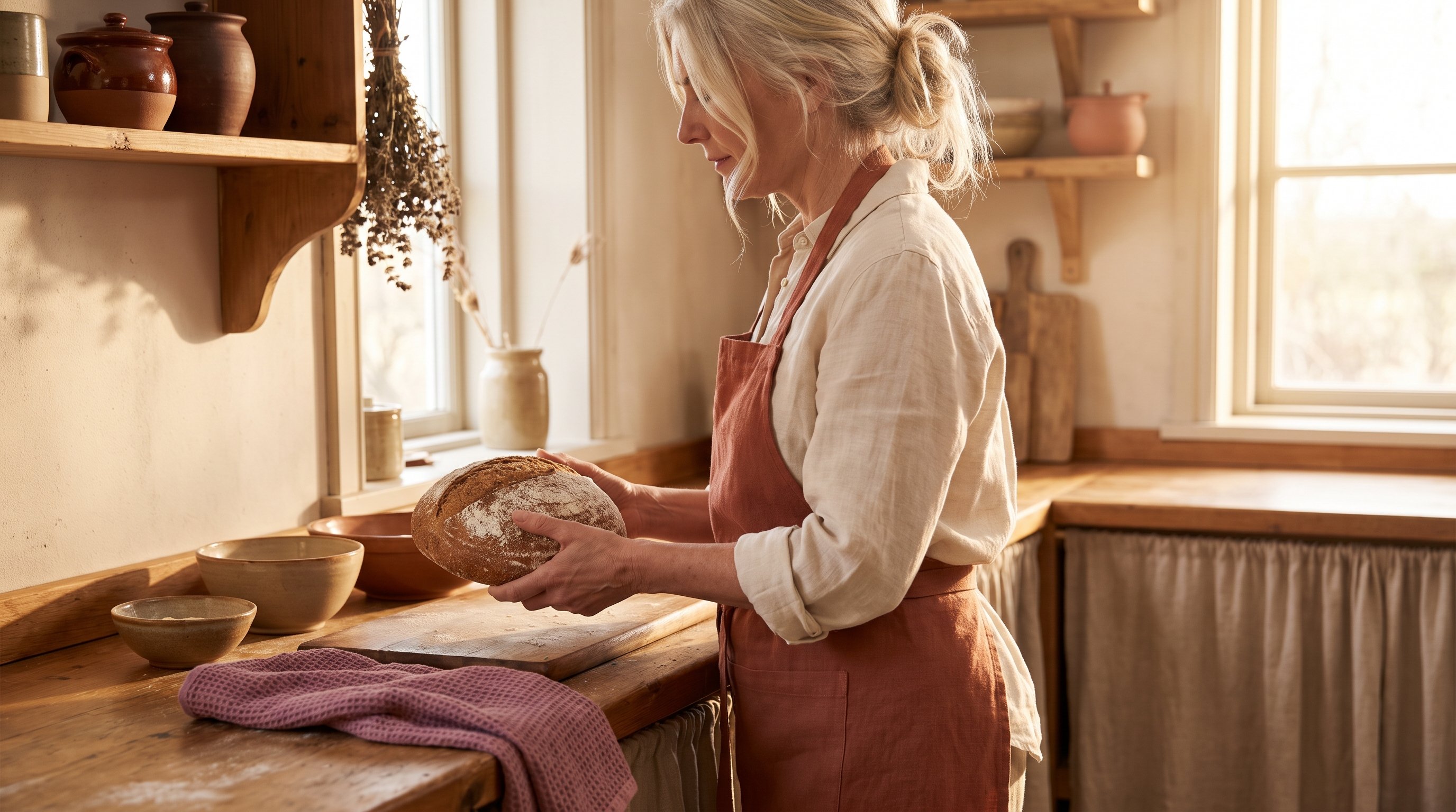 person swapping white bread for wholegrain loaf in kitchen