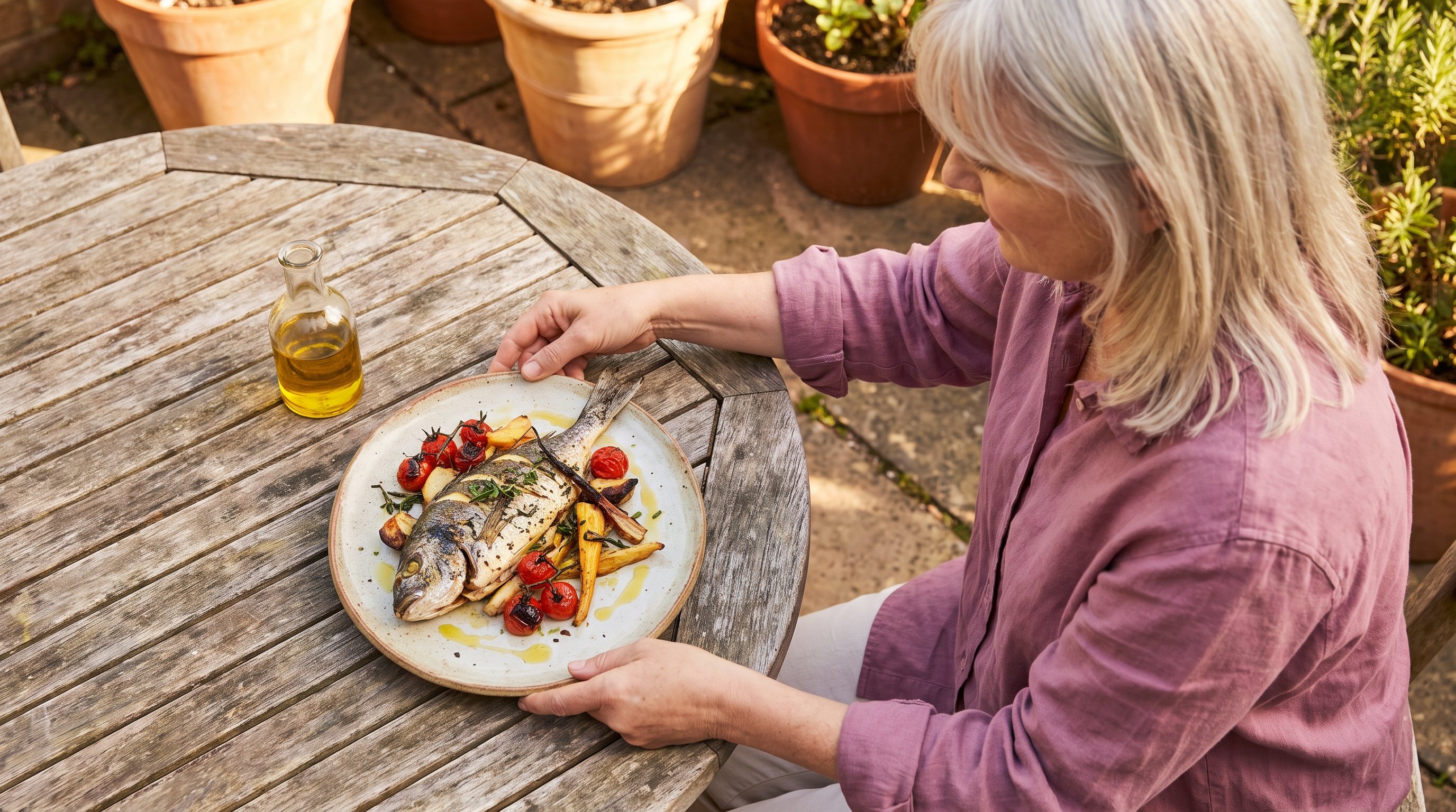 colourful plate of vegetables fish and olive oil colourful plate of vegetables fish and olive oil