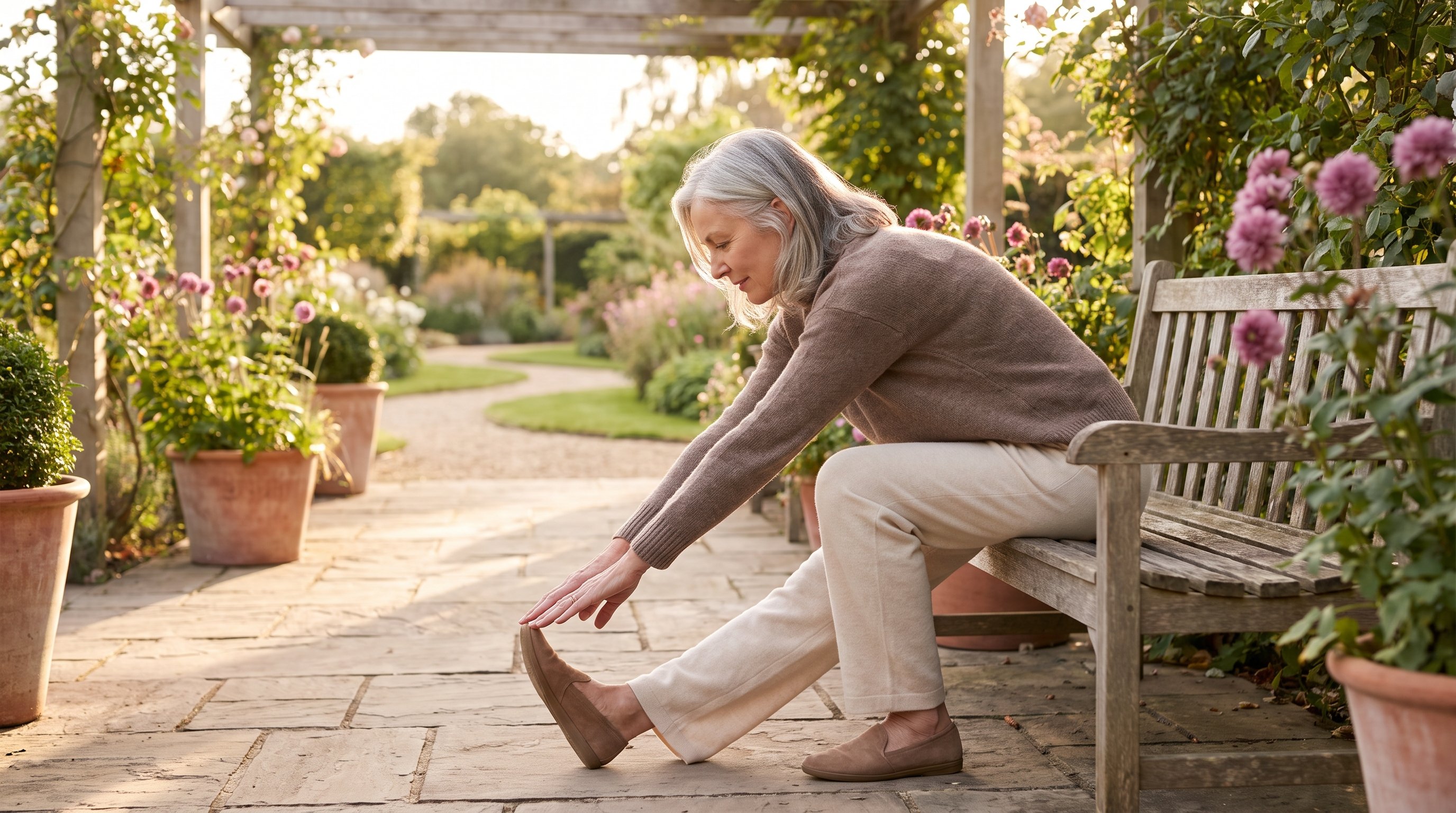 older woman doing a seated hamstring stretch at home