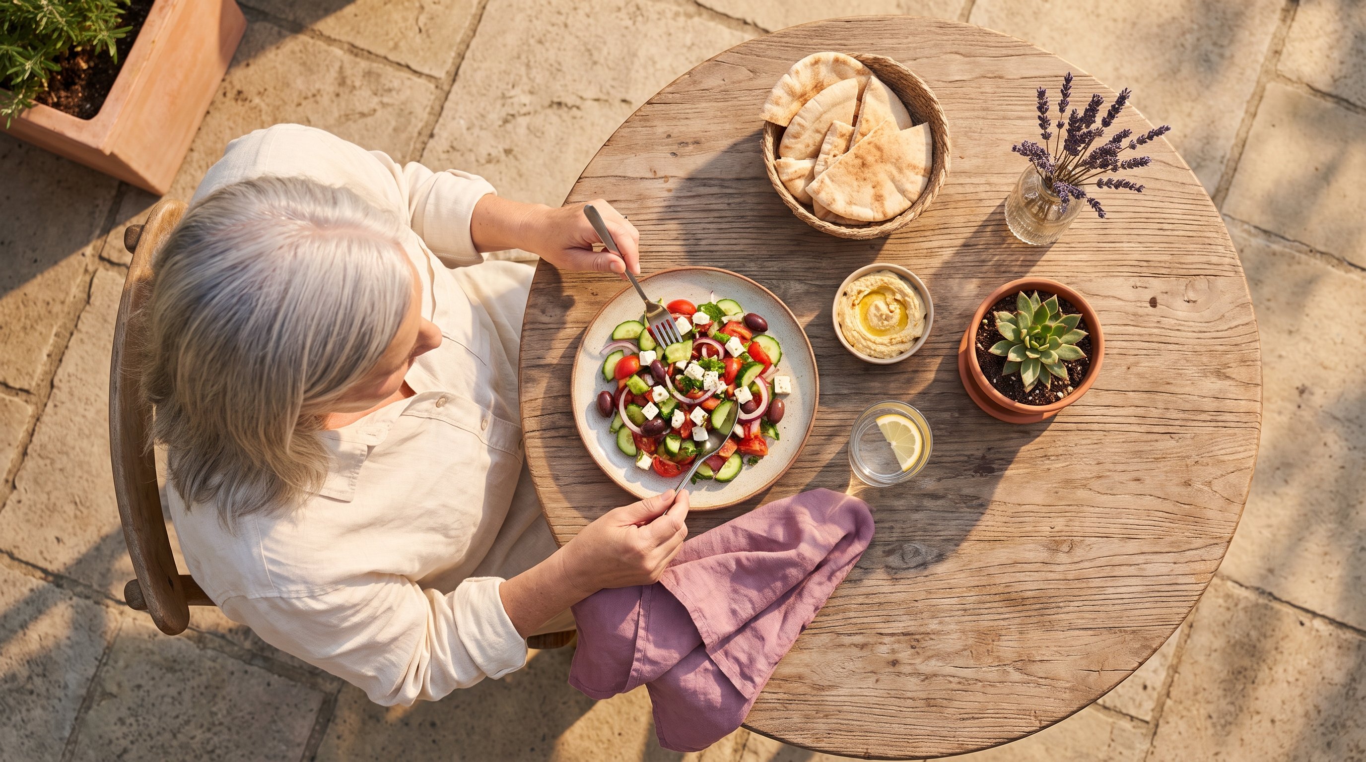 A woman in her 50s with silver hair eating a plated Mediterranean salad at a sunny patio table