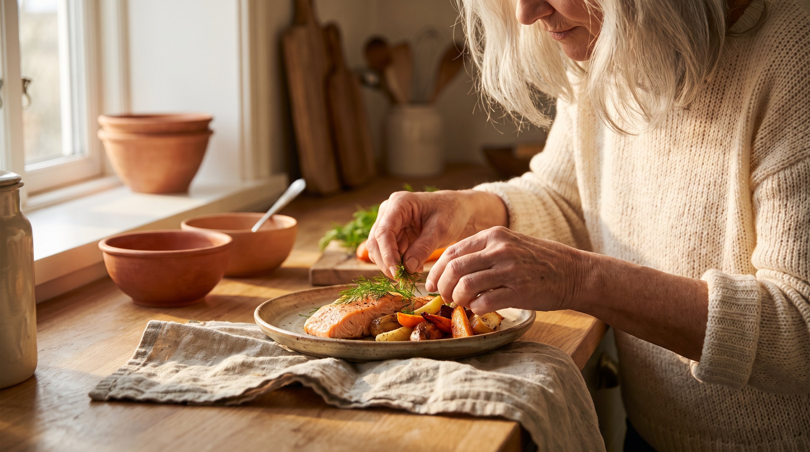 A woman in her 50s with silver hair preparing a salmon plate with vegetables in a rustic kitchen