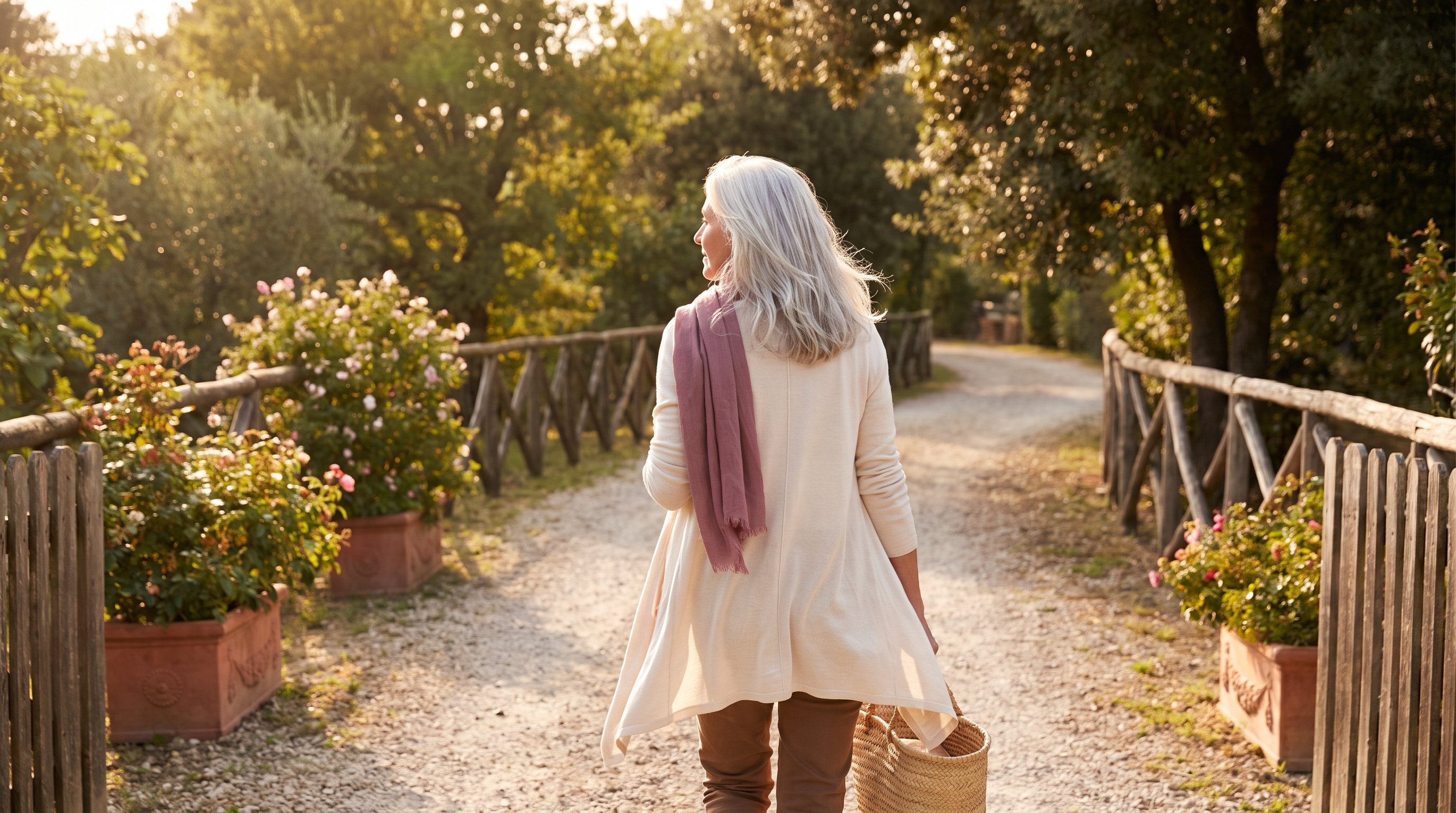 A woman in her 50s with silver hair walking outdoors on a sunny neighbourhood path