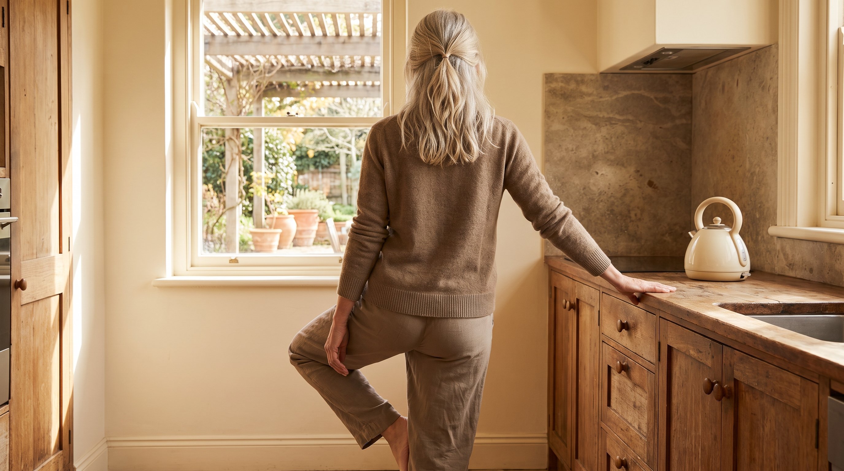 man doing a standing balance exercise in a kitchen while kettle boils