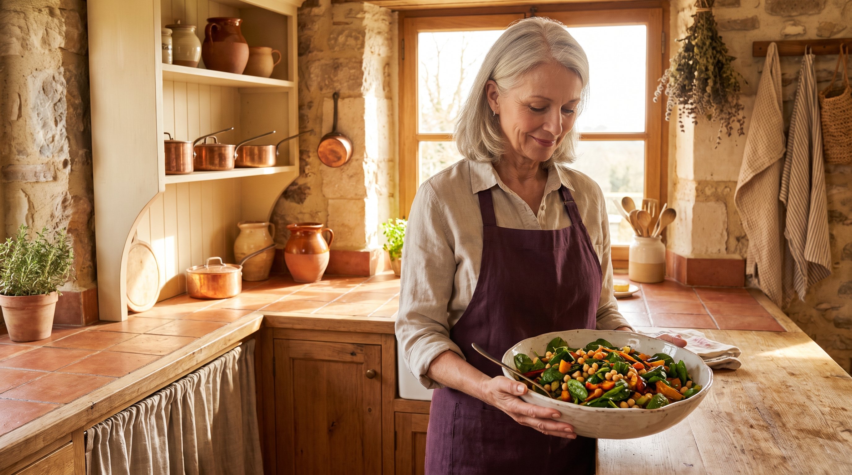 woman adding spinach and chickpeas to a bowl at kitchen counter