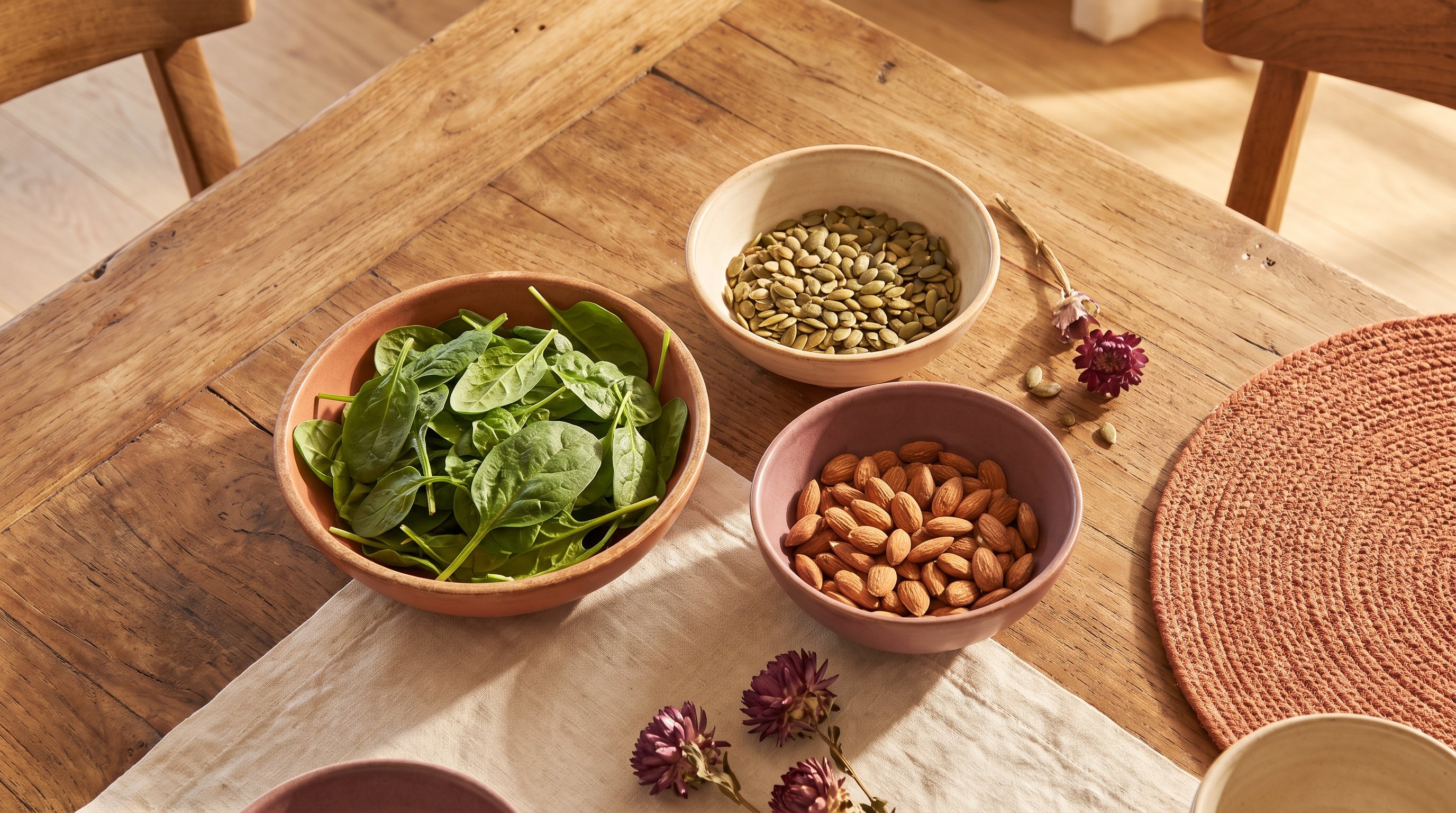 assorted nuts seeds and leafy greens on a wooden table