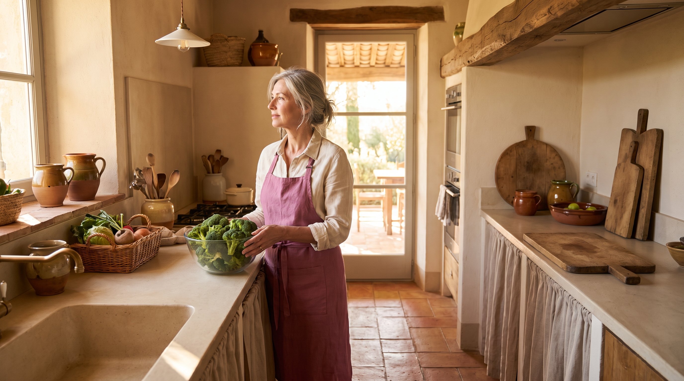 person chopping fresh broccoli florets on a kitchen counter