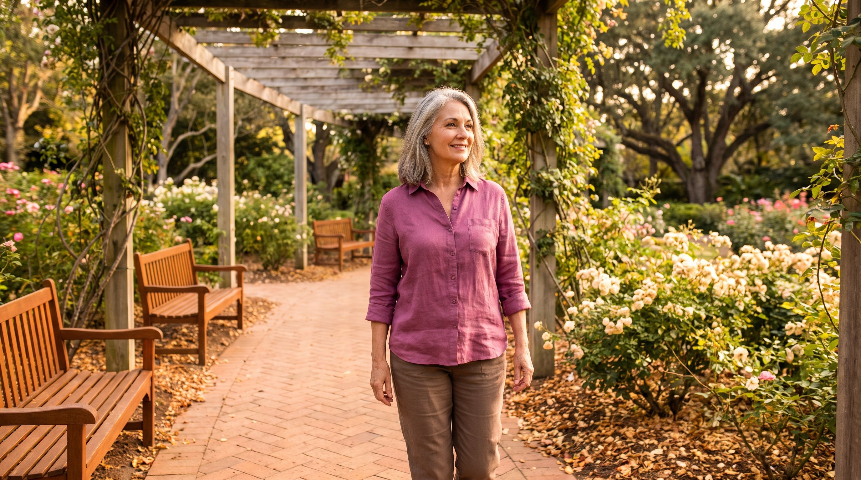 Woman walking briskly along a tree-lined path in the afternoon