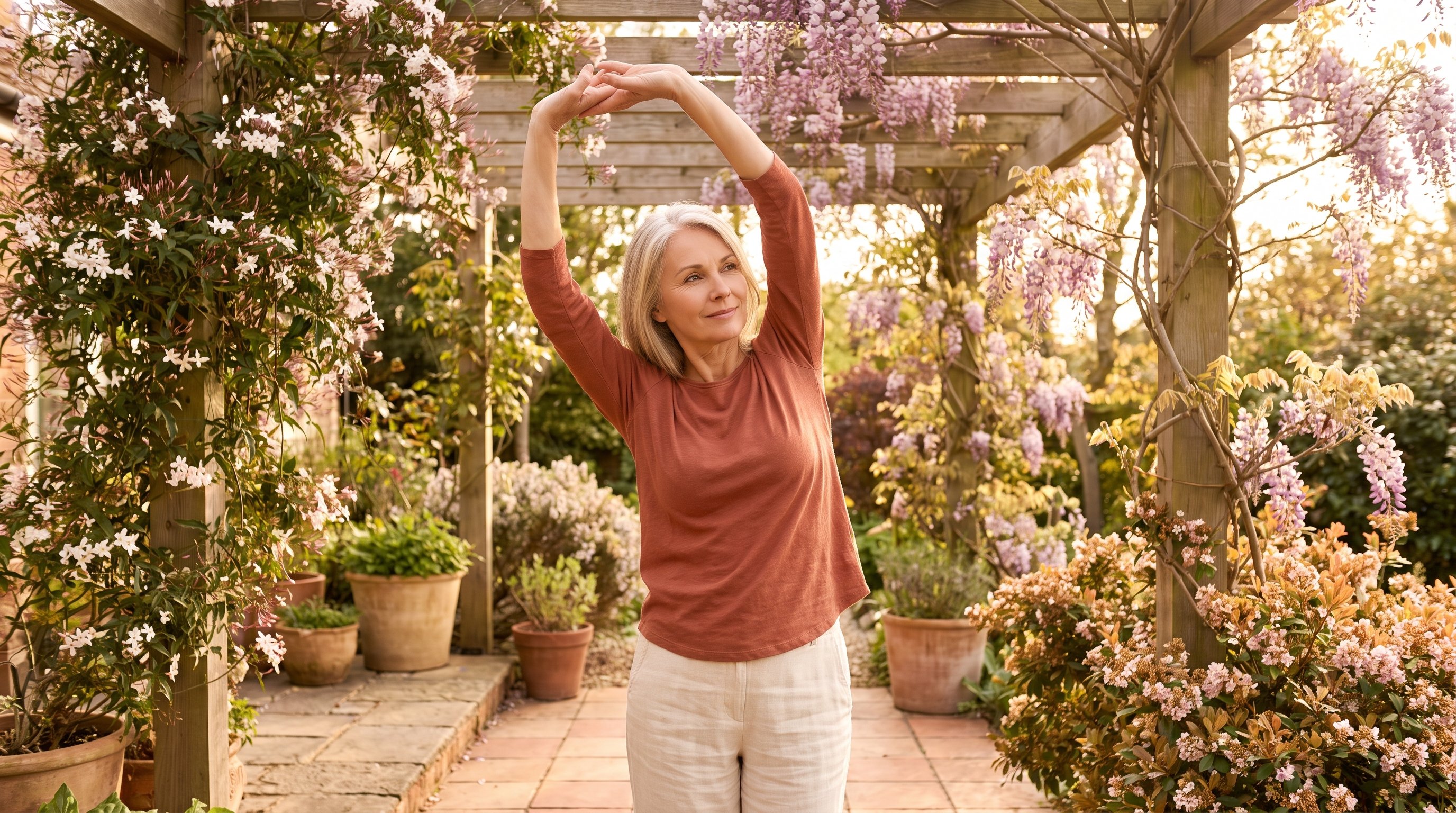 Woman stretching arms overhead in a sunny living room