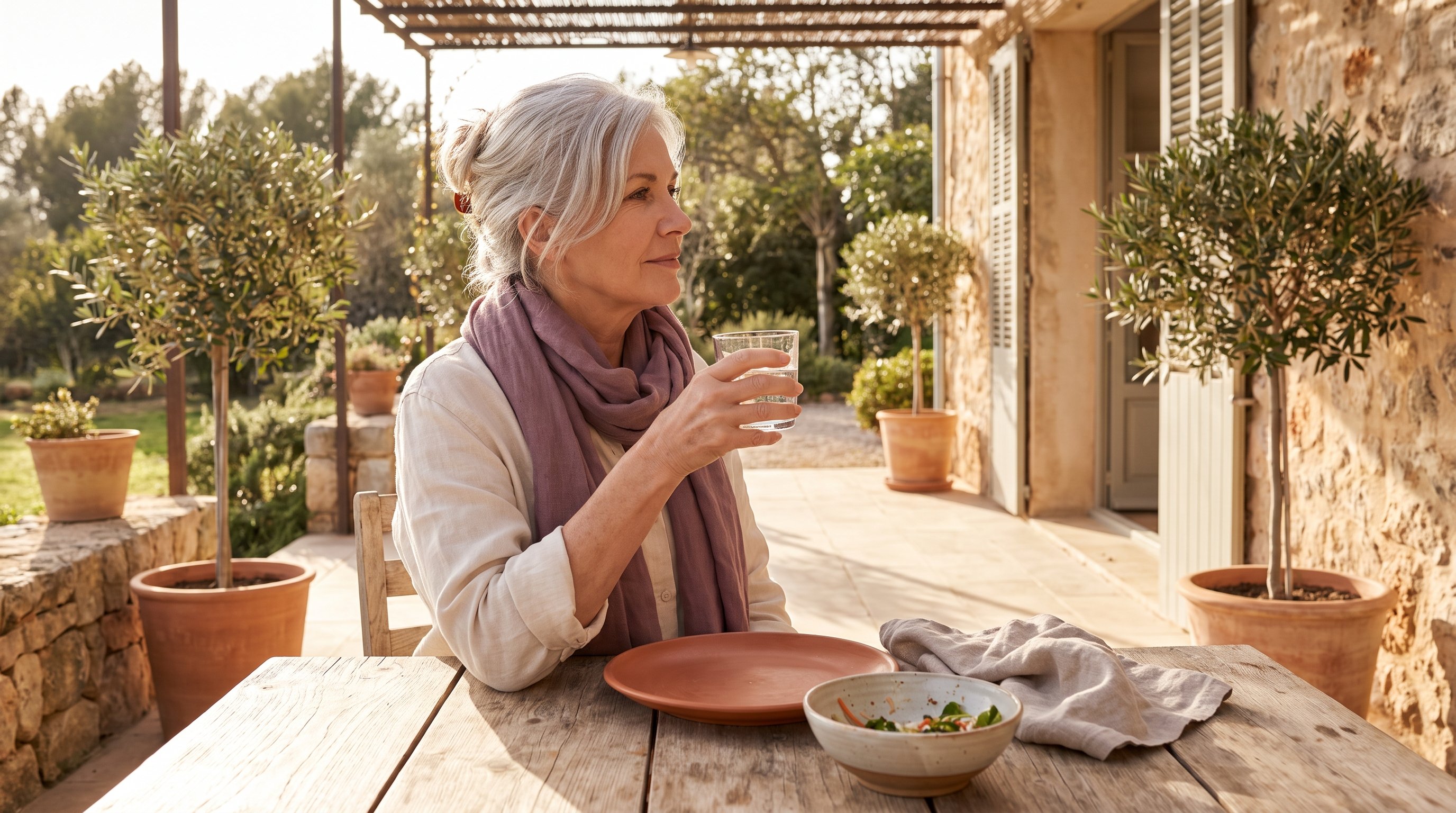 A woman in her 50s with silver hair relaxing with a glass of water after a meal at a sunny patio table