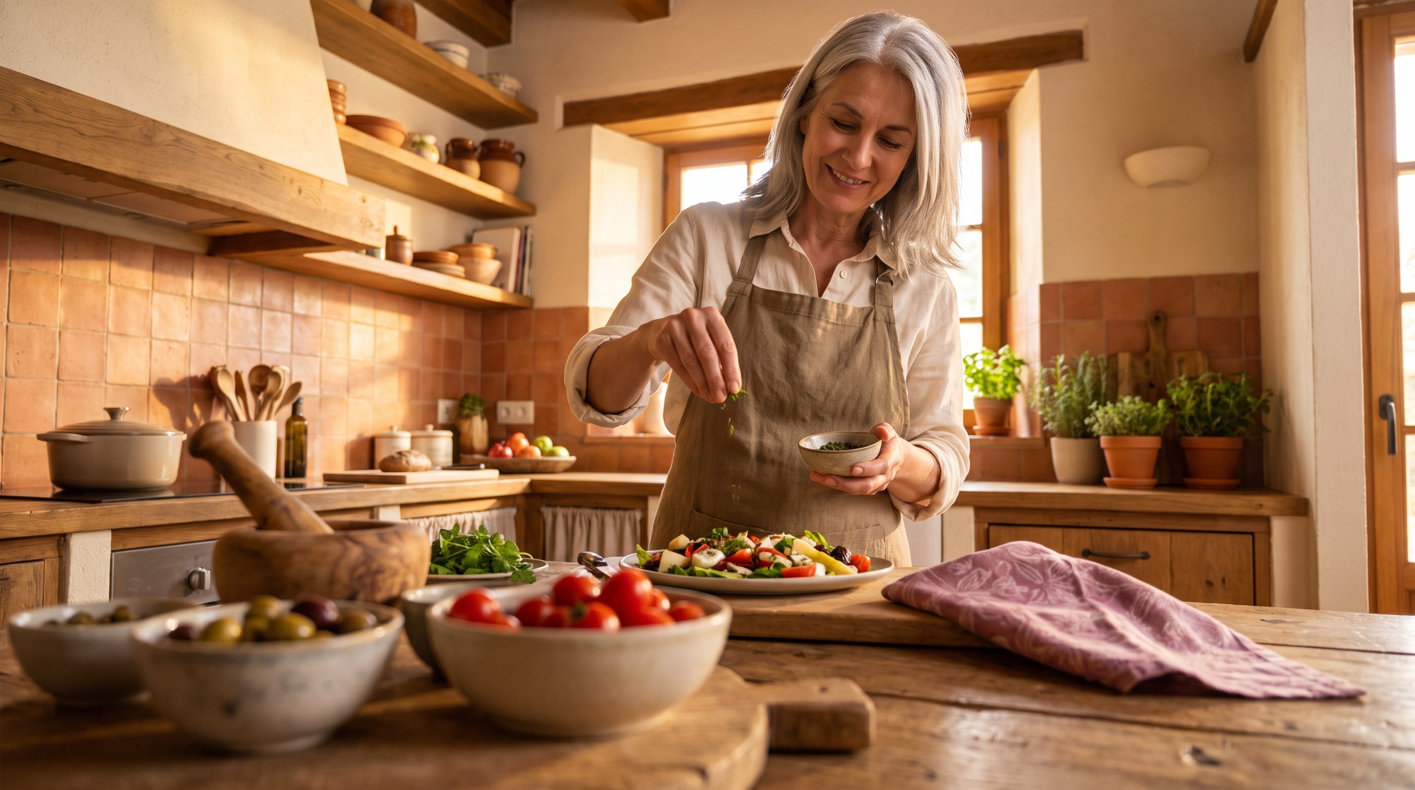 A woman in her 50s with silver hair smiling while cooking a plated Mediterranean salad in a rustic kitchen