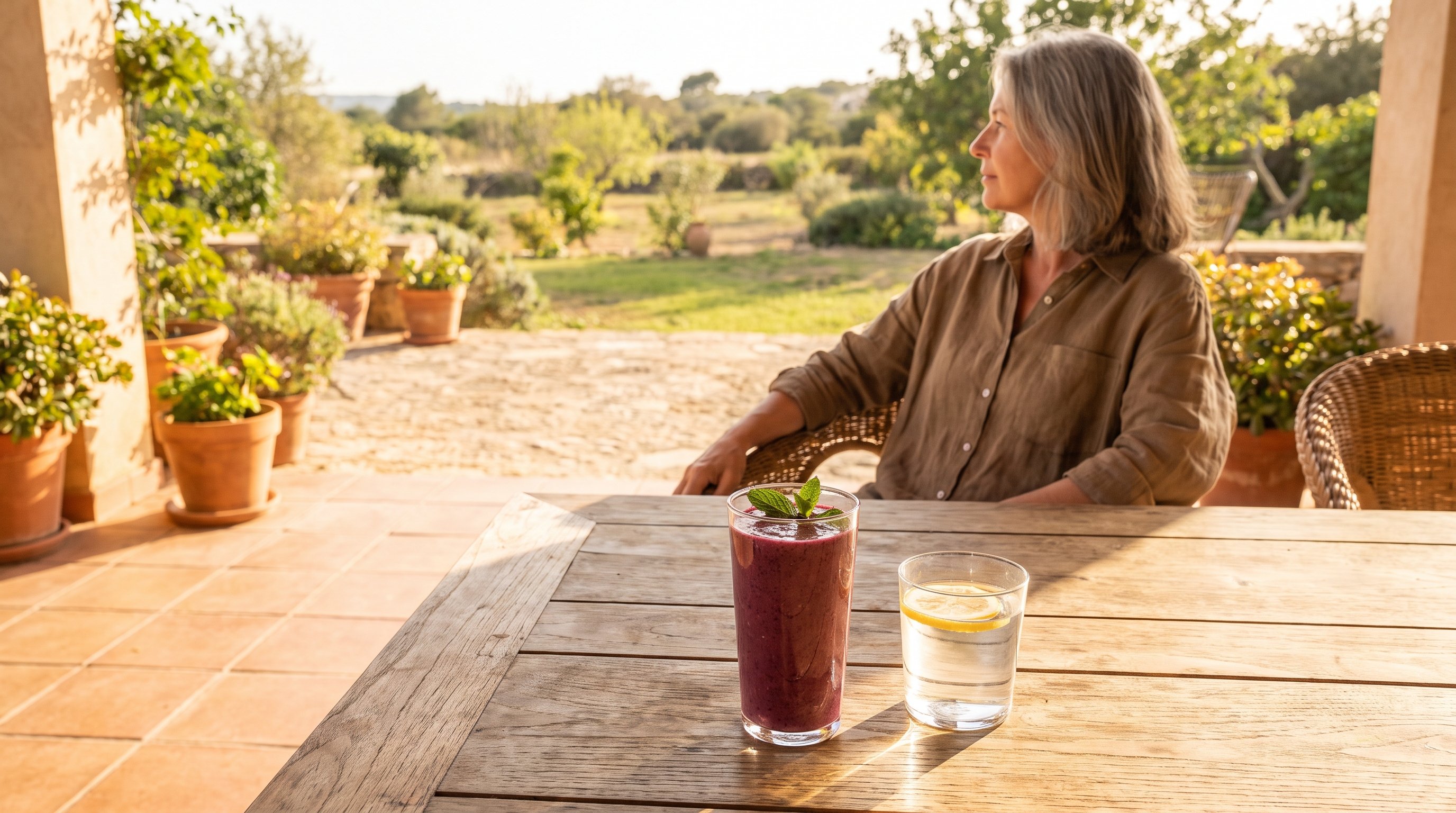 A fruit smoothie on a sunny patio table beside a glass of water