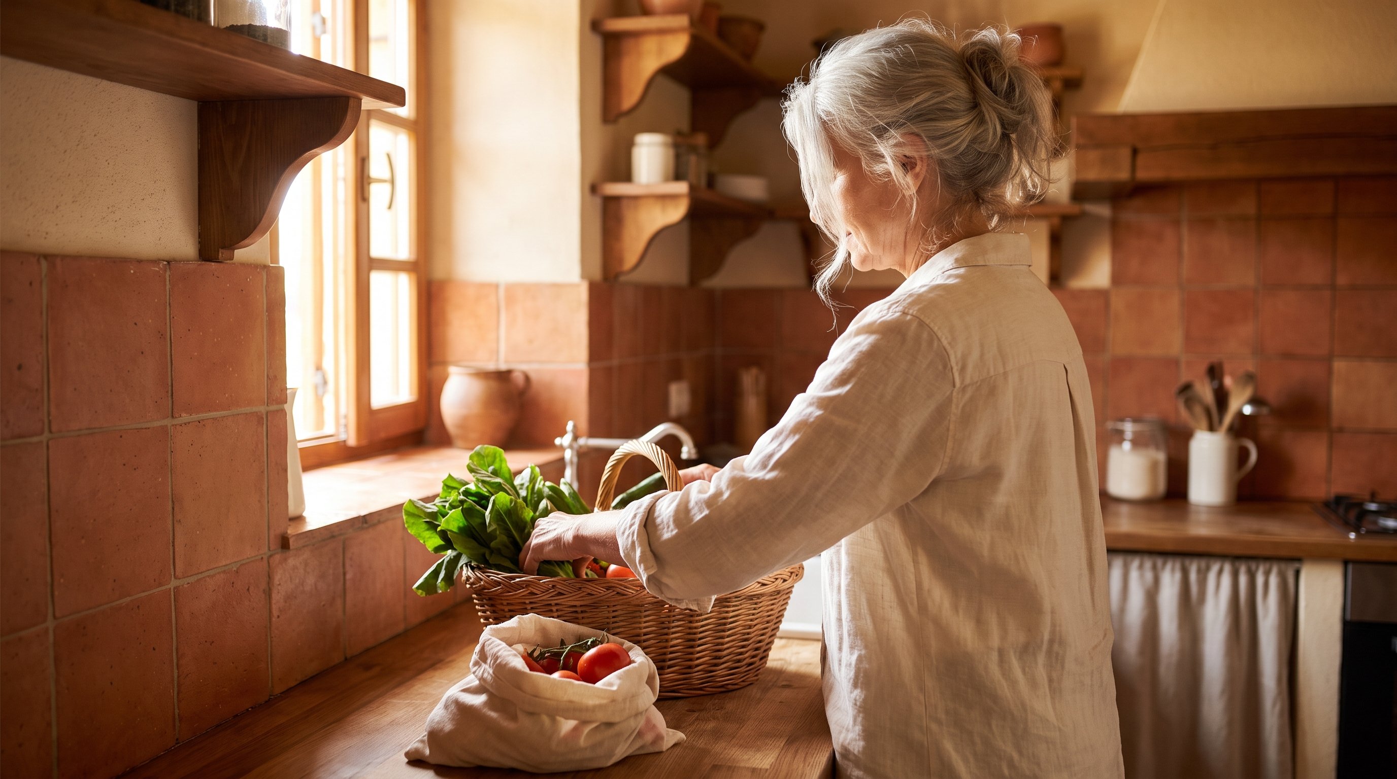 A woman in her 50s with silver hair putting groceries away in a rustic kitchen