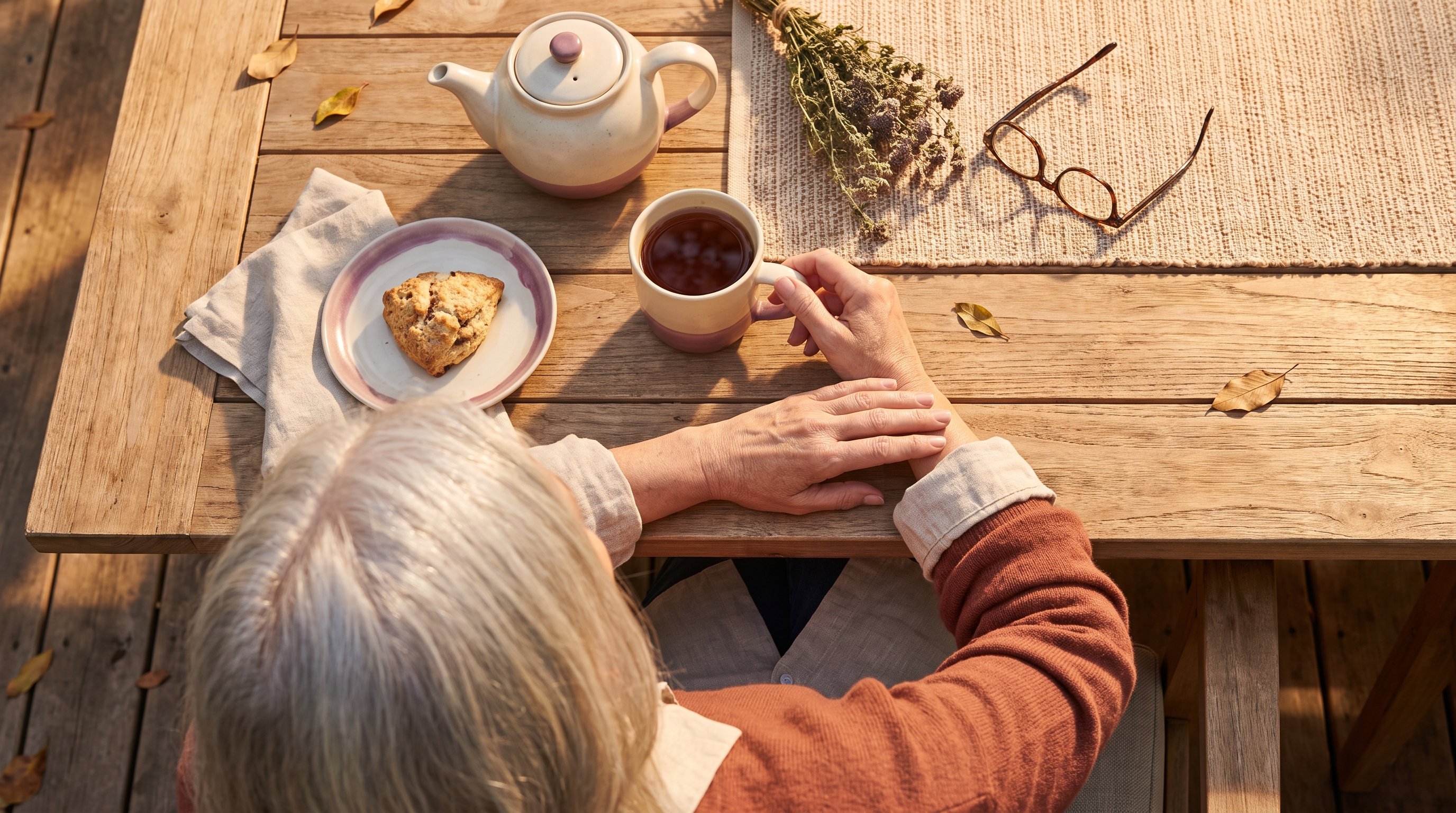 A woman in her 50s with silver hair sitting calmly at a sunny patio table with a cup of tea