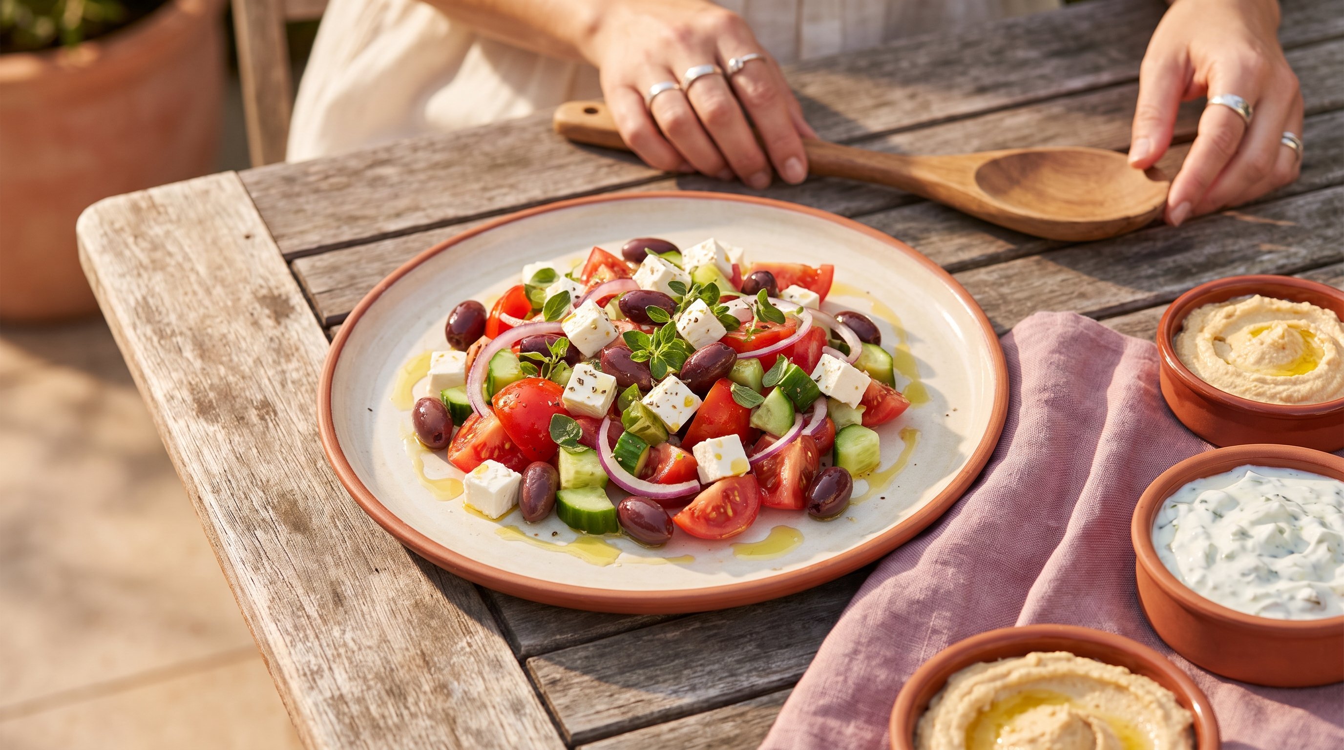 A plated Mediterranean salad ready to eat on a sunny patio table