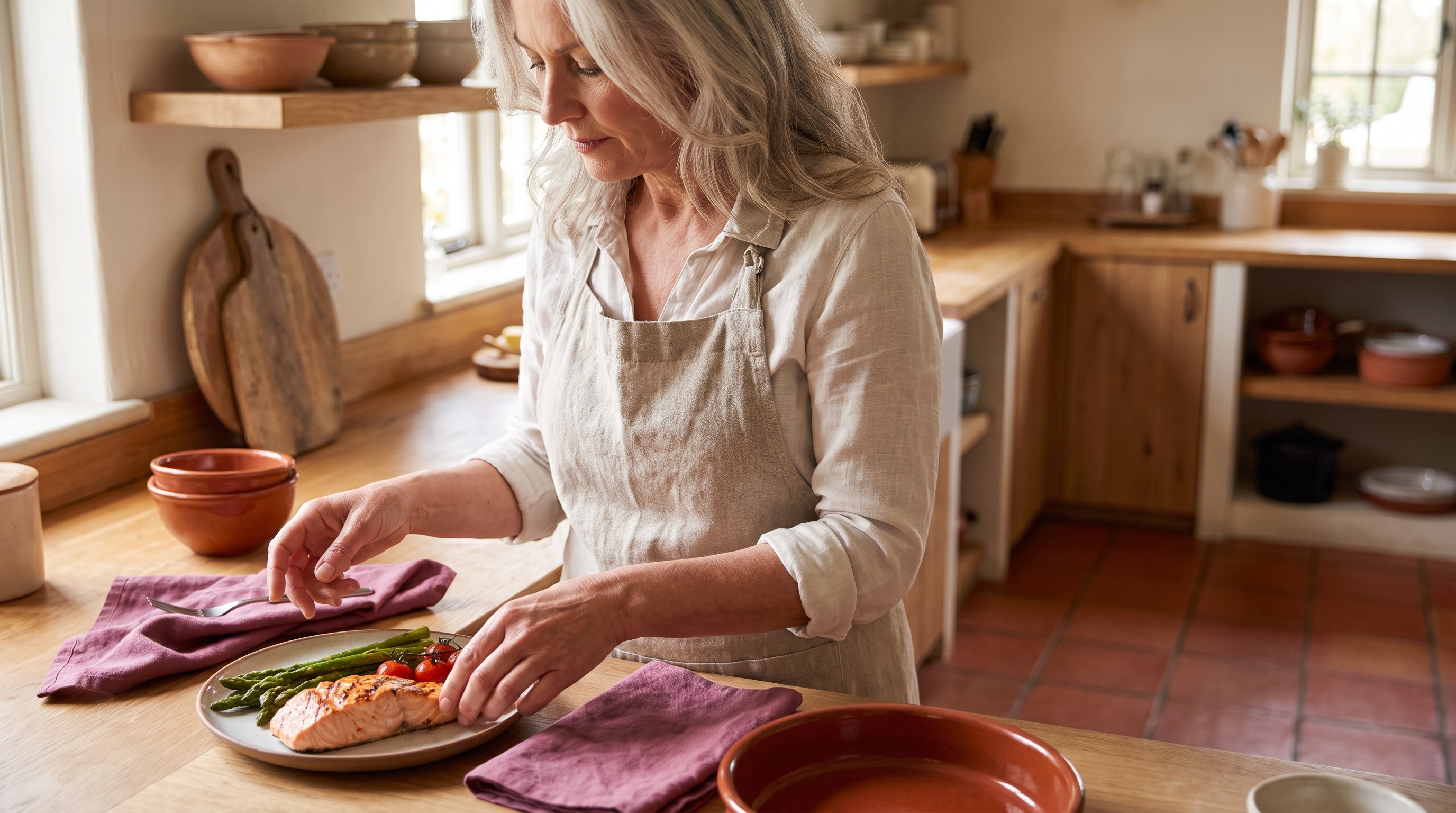 A woman in her 50s with silver hair preparing a salmon plate with vegetables in a rustic kitchen