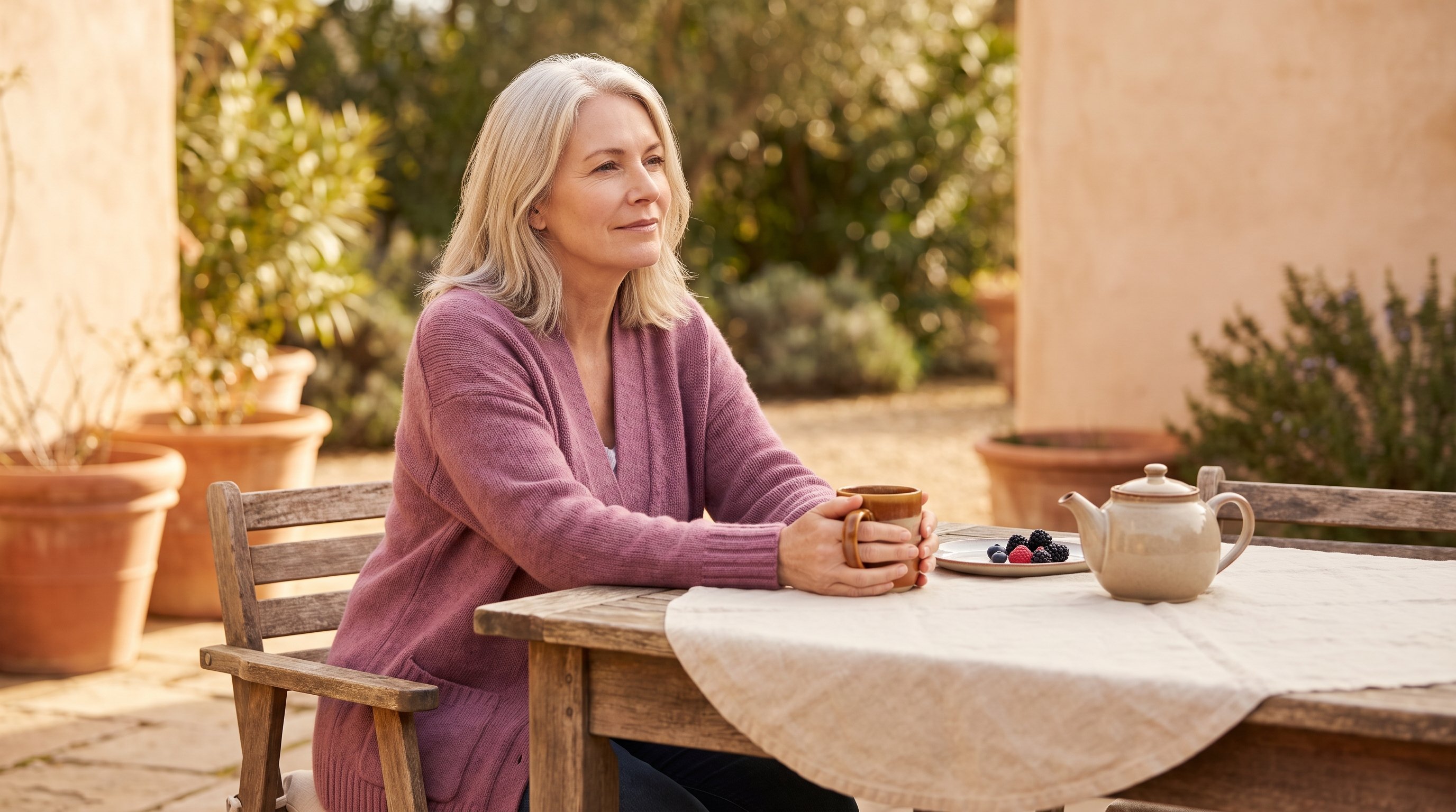 A woman in her 50s with silver hair sitting at a sunny patio table with a cup of tea