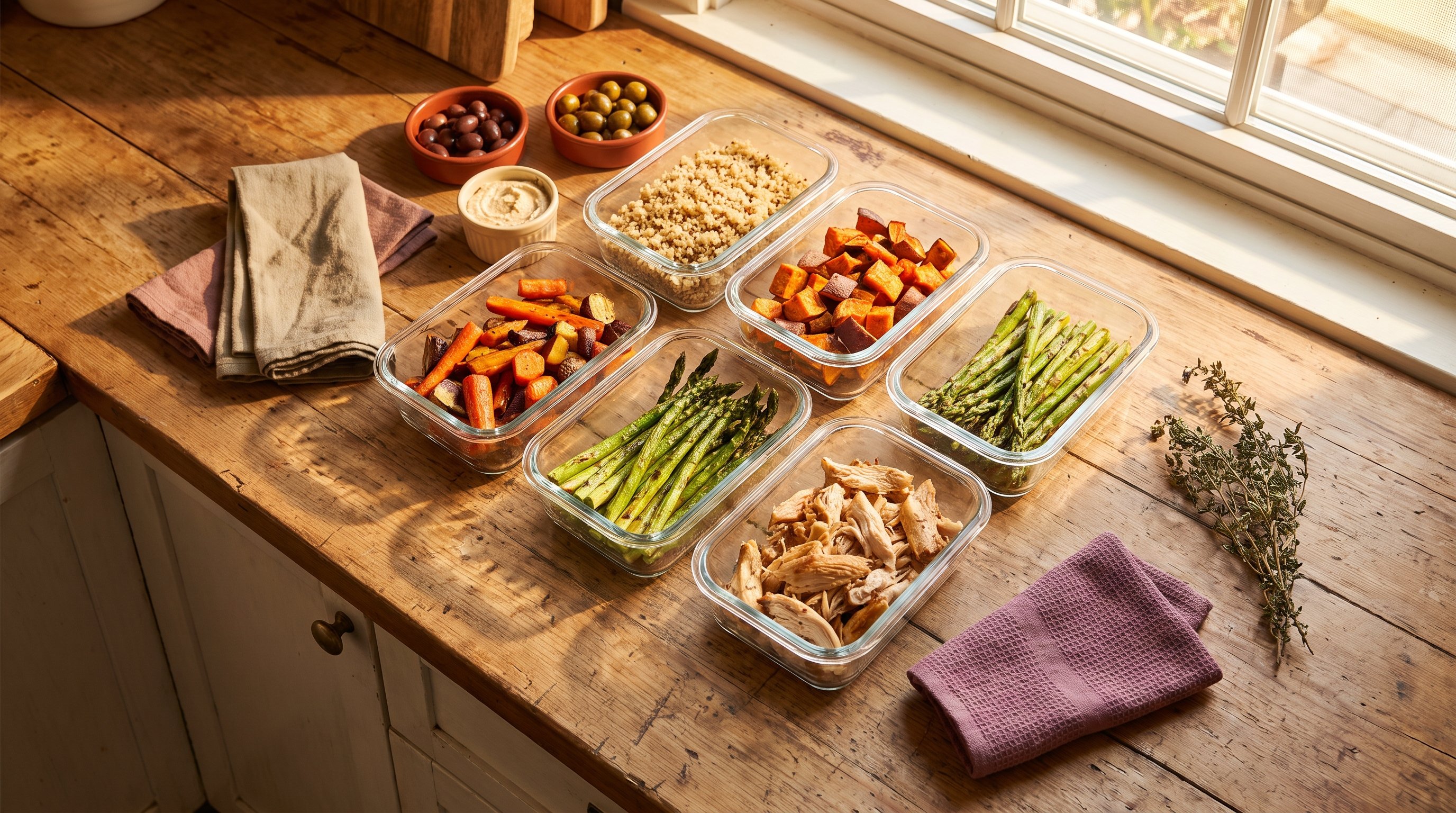 containers of prepped meals lined up on a kitchen counter