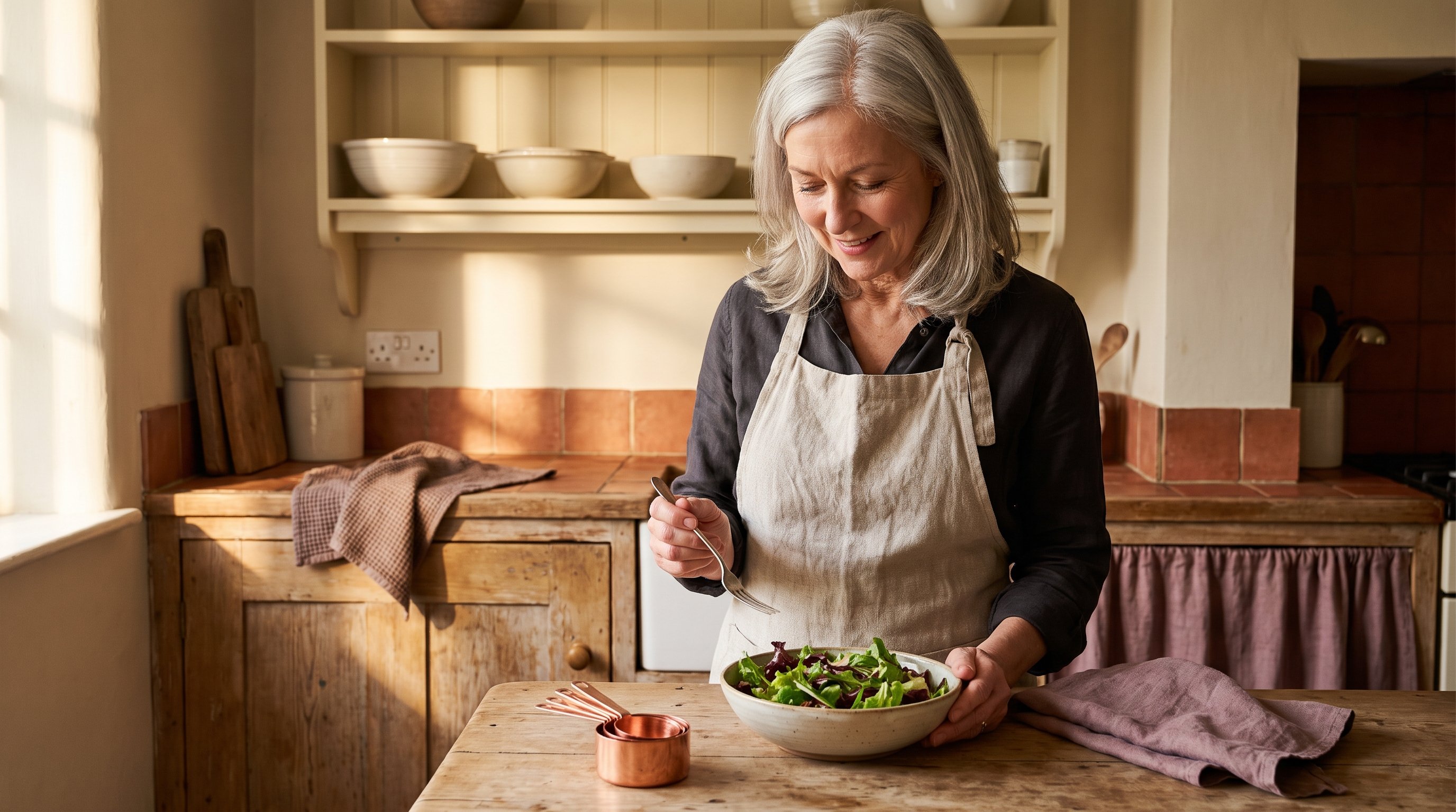 woman logging a meal into her phone at the kitchen table