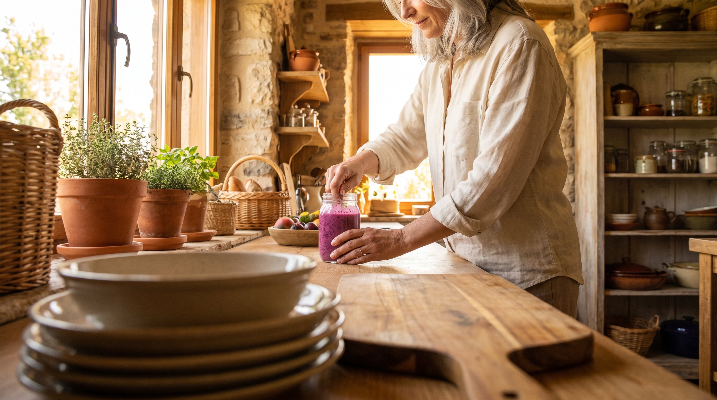 A woman in her 50s with silver hair cooking a fruit smoothie in a rustic kitchen