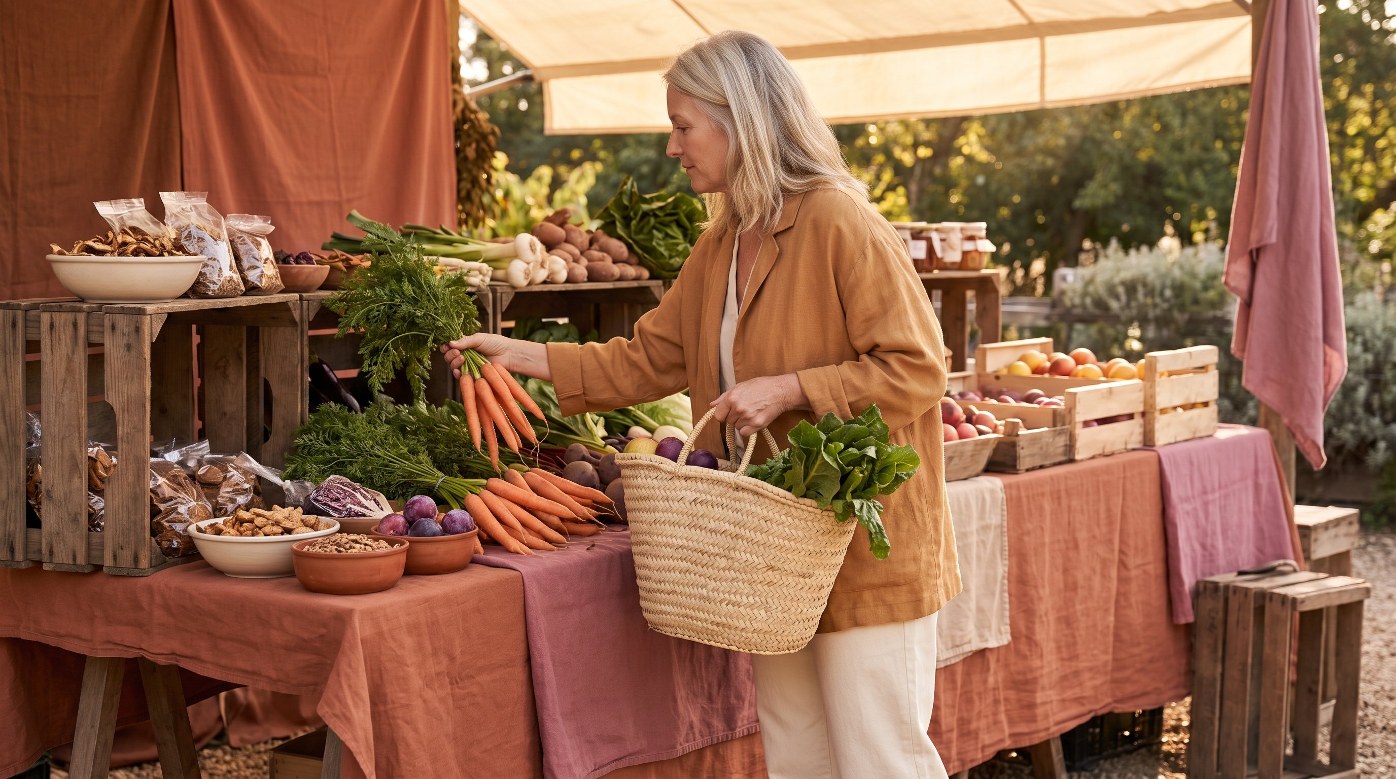 A woman in her 50s with silver hair shopping for fresh produce at a market stall