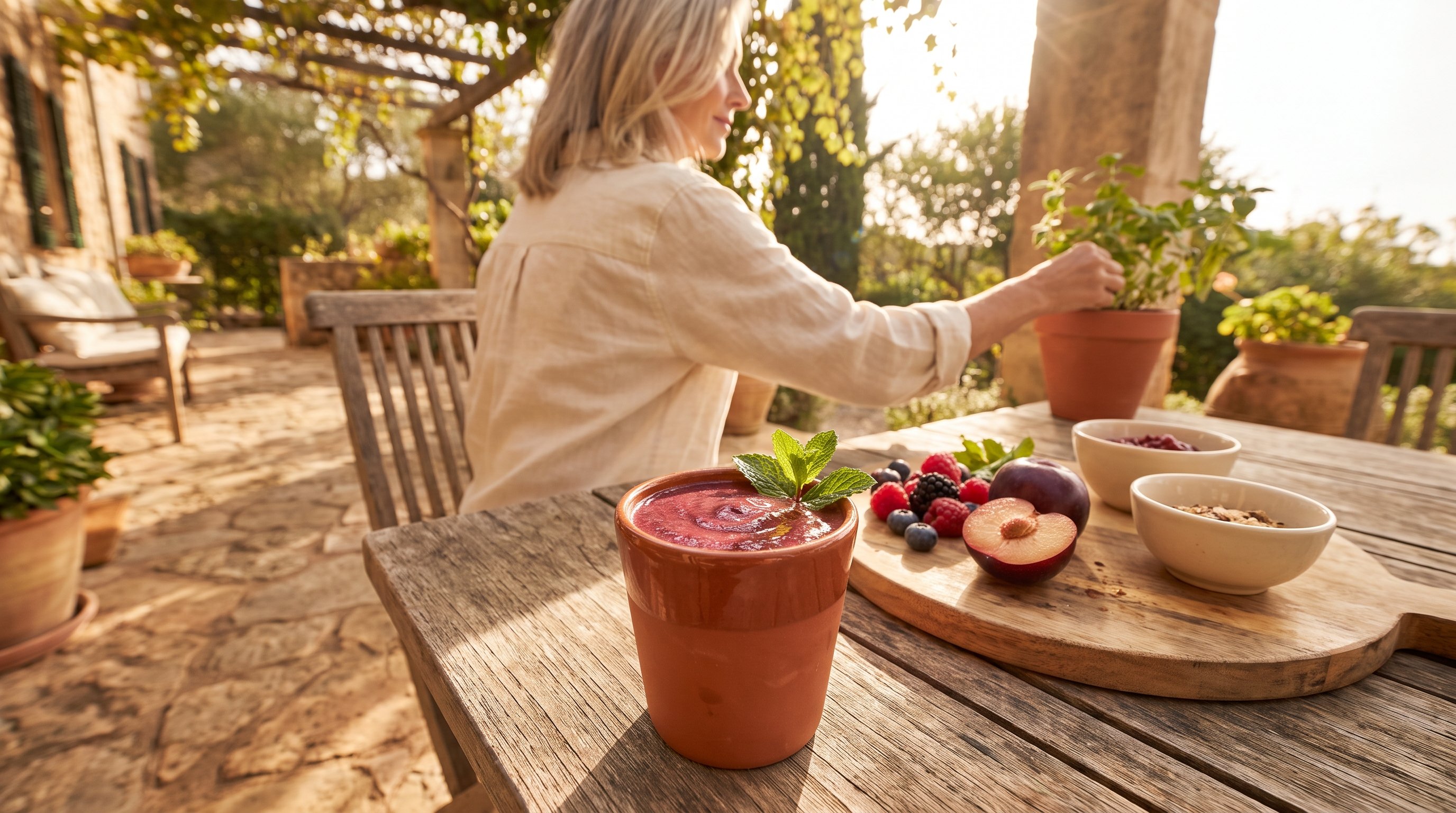 A fruit smoothie beside fresh ingredients on a sunny patio table