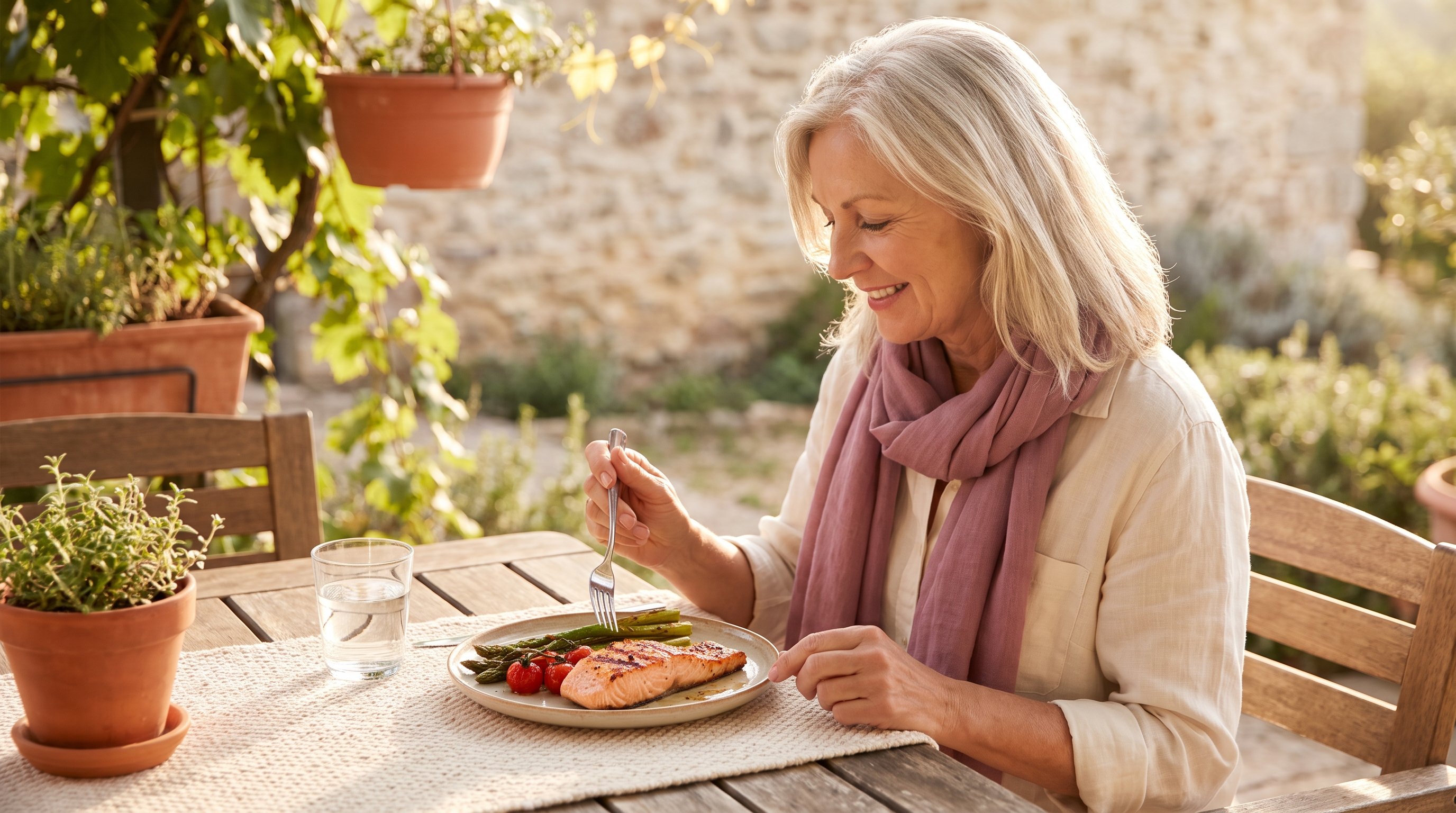 A woman in her 50s with silver hair enjoying a salmon plate with vegetables at a sunny patio table