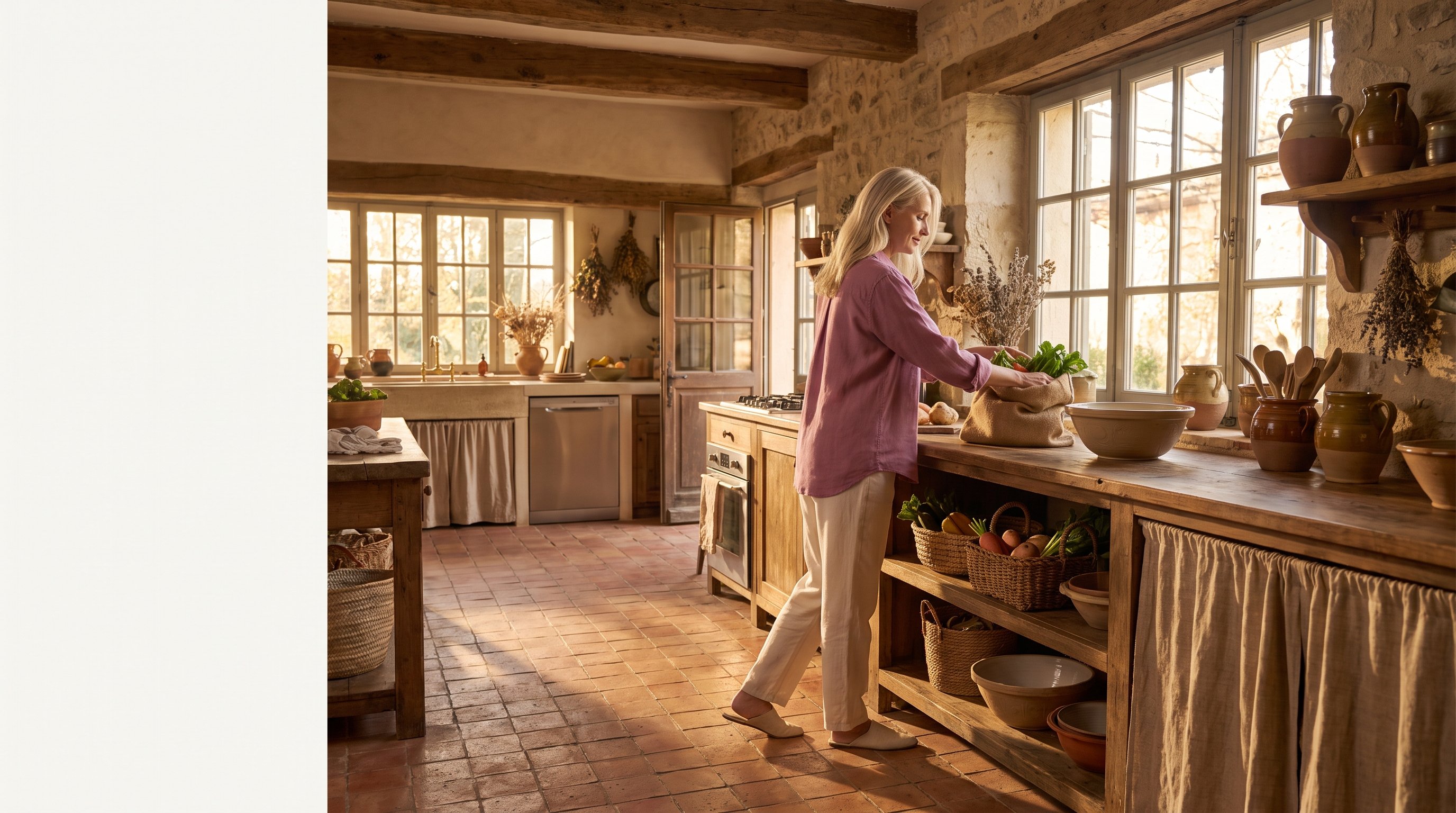 A woman in her 50s with silver hair putting groceries away in a rustic kitchen