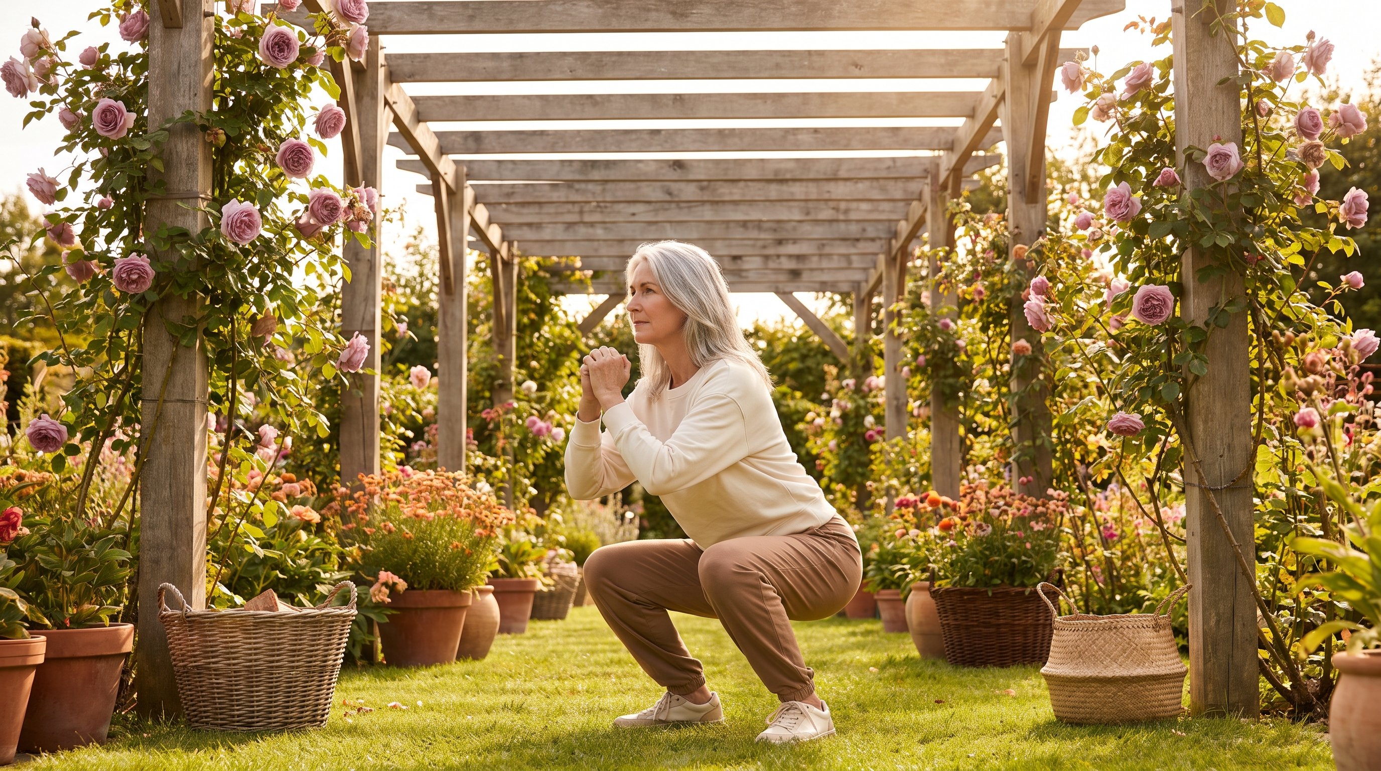 woman doing a gentle bodyweight squat in her living room beside a yoga mat
