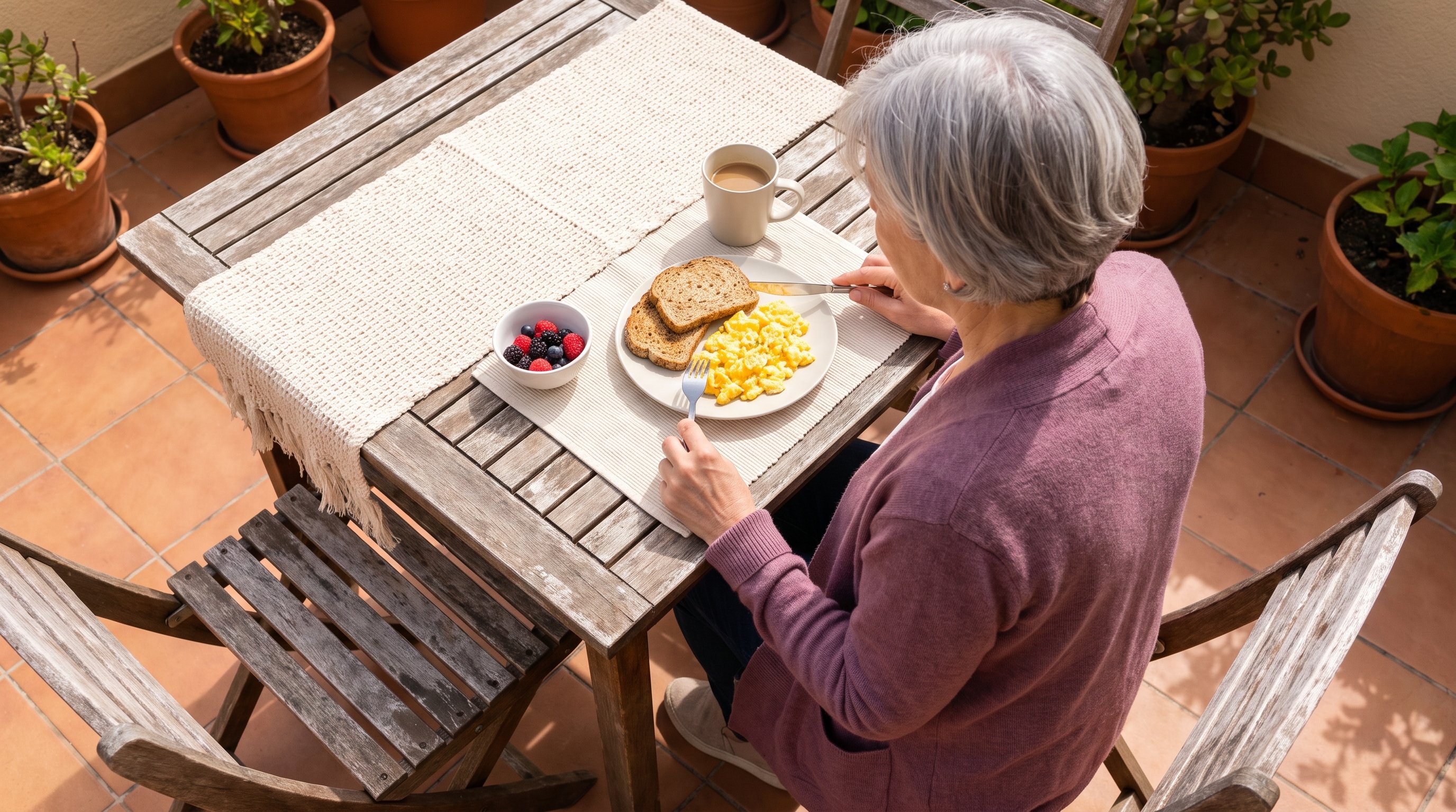 woman swapping white bread for wholegrain toast with eggs on a kitchen counter