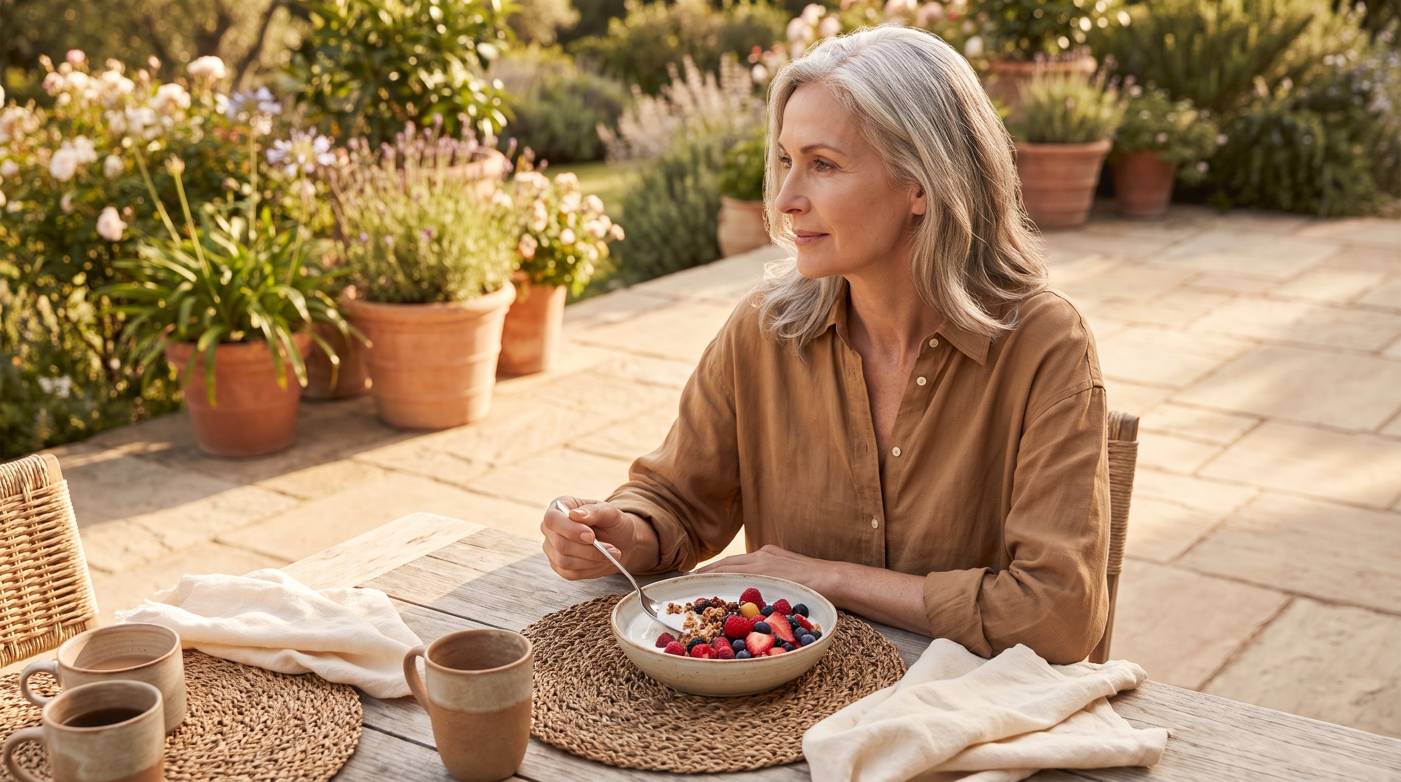 Woman adding Greek yoghurt and berries to a breakfast bowl in her kitchen