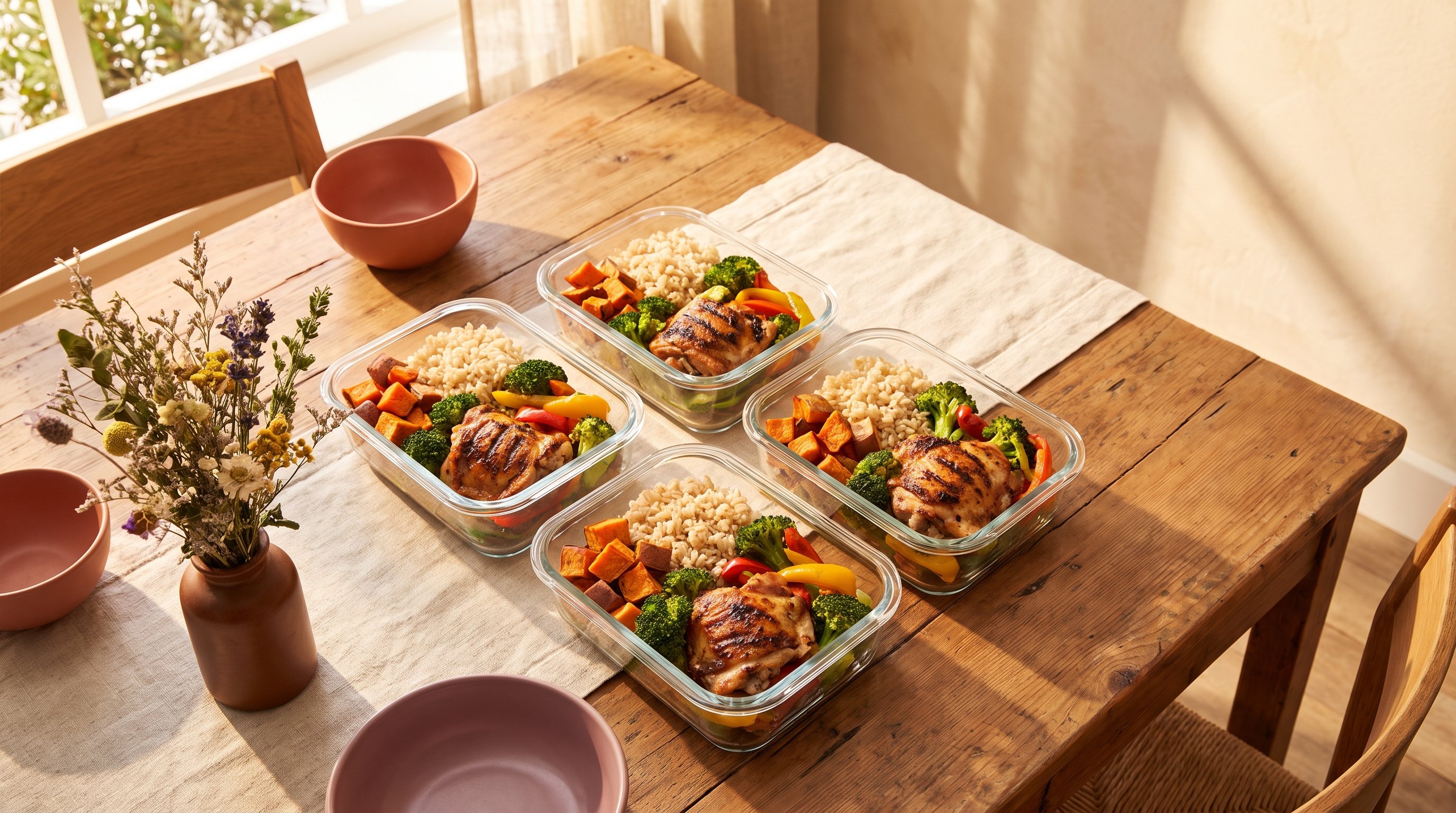 Meal containers with cooked chicken, rice and vegetables lined up on a counter