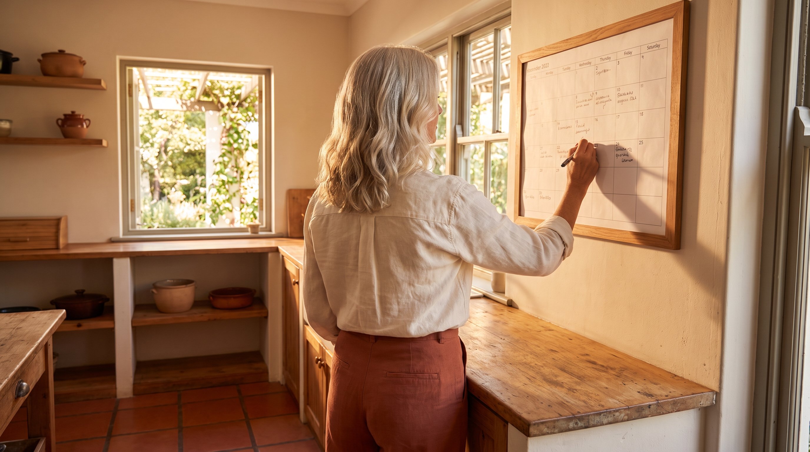 calendar on a kitchen wall with a pen hanging nearby