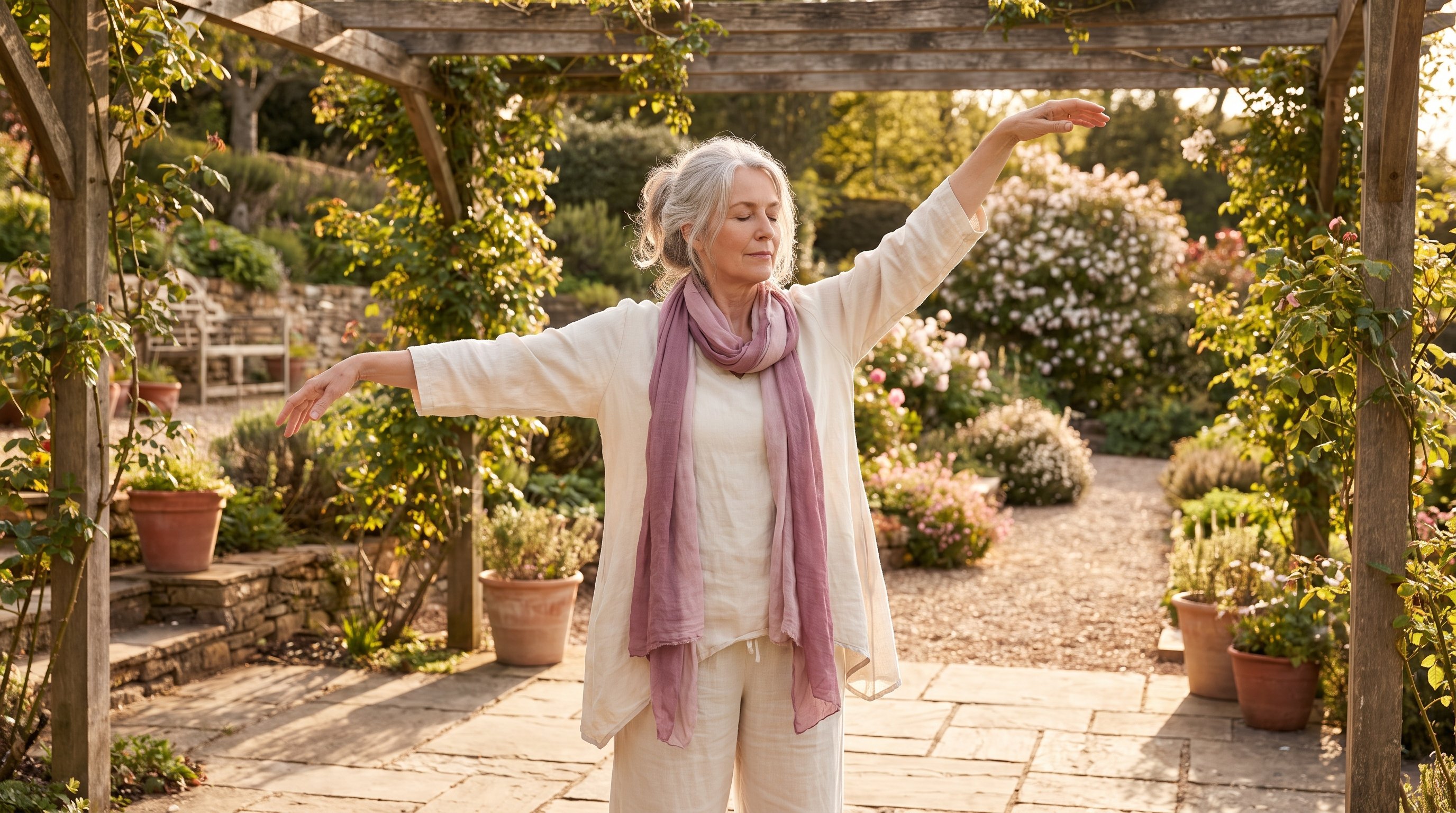person standing in a quiet living room doing slow breathing movements
